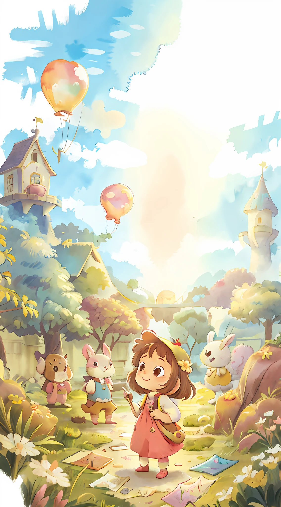 Fresh colors Watercolor children's painting *********** Happy Balloon Castle Cloud Cute rabbit