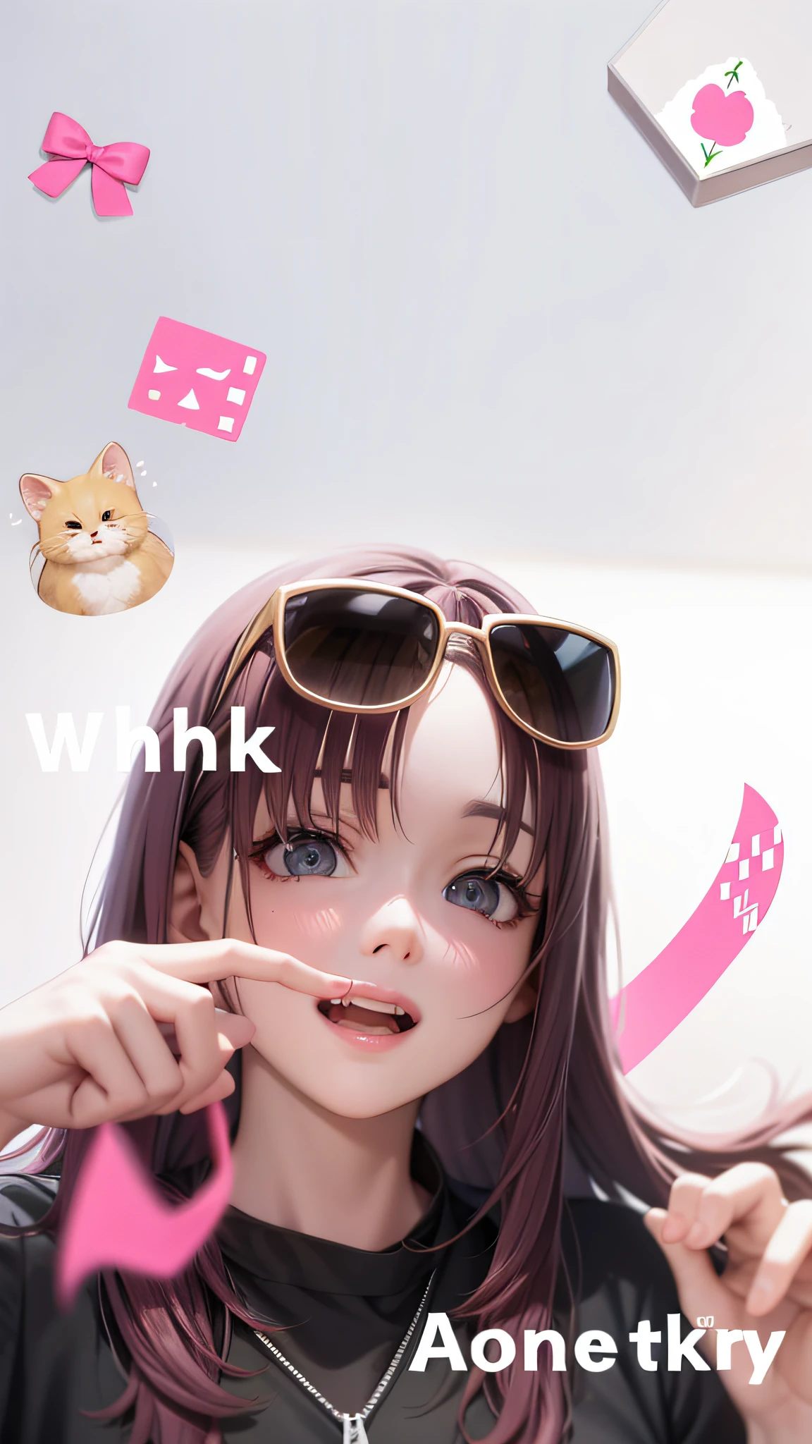 "Close-up of a person wearing sunglasses and a pink bow, full body pink, Jenny, (pink hair: 1.2) + (black hair: 0.8), Josie, (pink hair: 1.2) + (black hair: 0.8), Rosanna Park, Larisa Manoban, Ji-so, Susie Bae, full body pink atmosphere, blackpink style, [Vapor wave] wedding setting, eye foreground objects through pink mist, applied[Pixel sorting] effect"