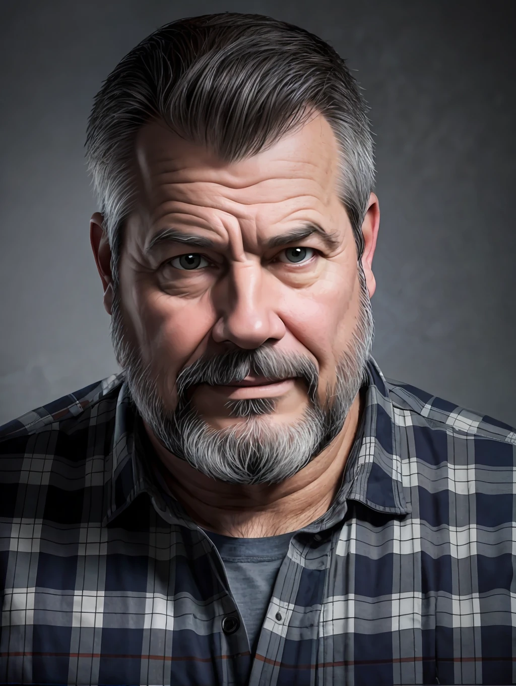 Portrait of a middle-aged man, face skin detalados, wrinkles of expressionbeard gray lumberjack style, raw leather jacket, plaid shirt, stiff countenance. Ultra detailed scene, dslr camera with 50mm Lens, soft studio lighting