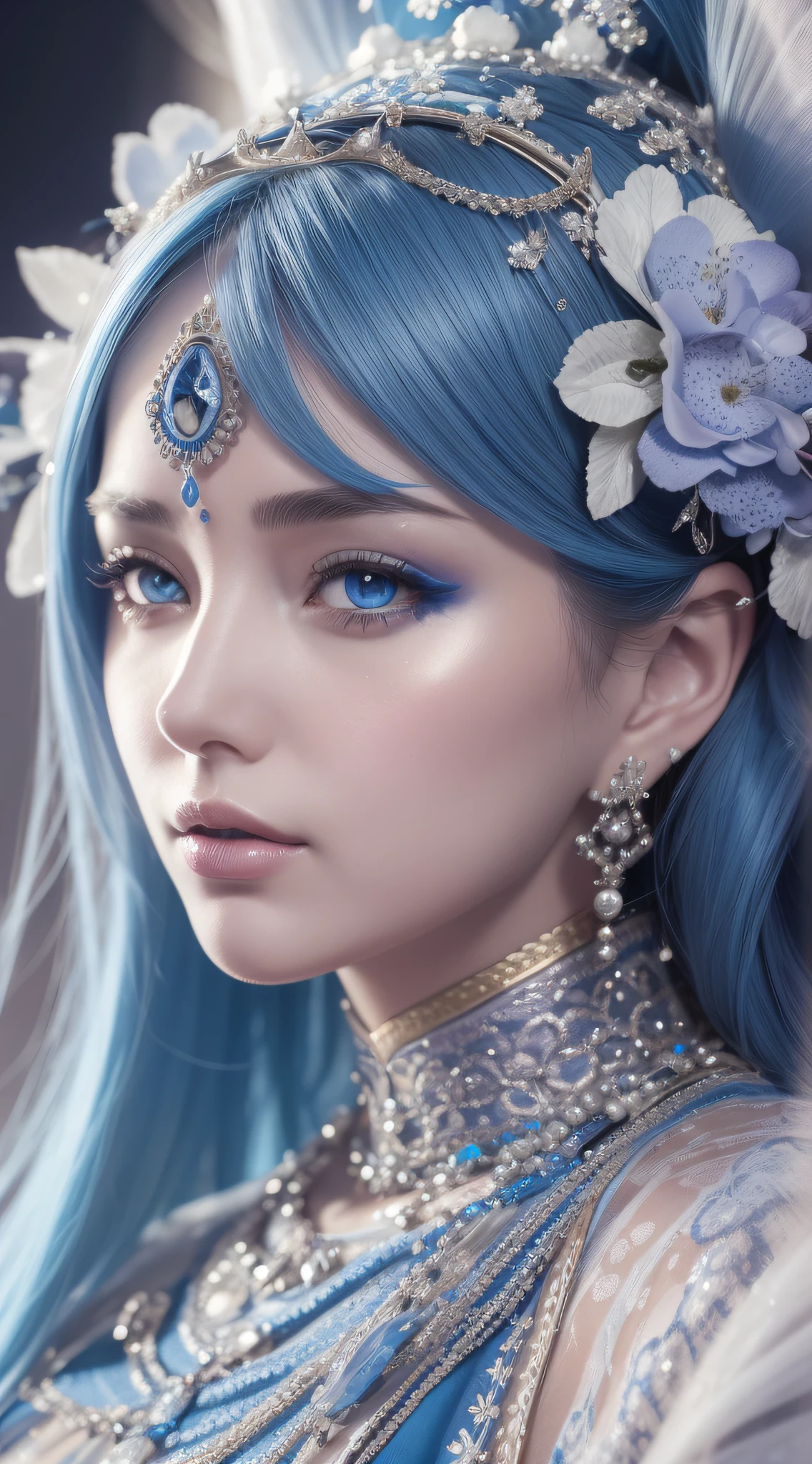 a close up of a woman with a blue and white headpiece, hyperdetailed fantasy character, 4 k detail fantasy, 8k high quality detailed art, goddess. extremely high detail, 3 d render character art 8 k, a beautiful fantasy empress, 4k highly detailed digital art, close up character, detailed face ), intricate ornate anime cgi style, detailed fantasy digital art