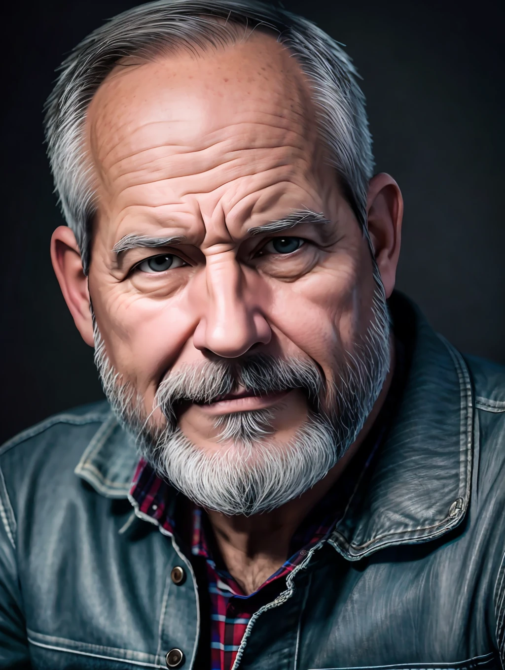 Portrait of a middle-aged man, face skin detalados, wrinkles of expressionbeard gray lumberjack style, raw leather jacket, plaid shirt, stiff countenance. Ultra detailed scene, dslr camera with 50mm Lens, soft studio lighting