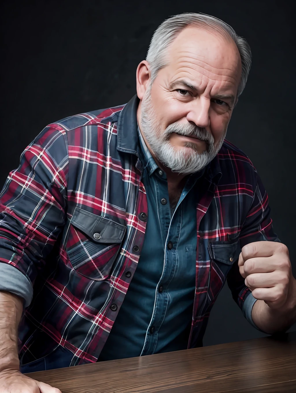 Portrait of a middle-aged man, face skin detalados, wrinkles of expressionbeard gray lumberjack style, raw leather jacket, plaid shirt, stiff countenance. Ultra detailed scene, dslr camera with 50mm Lens, soft studio lighting