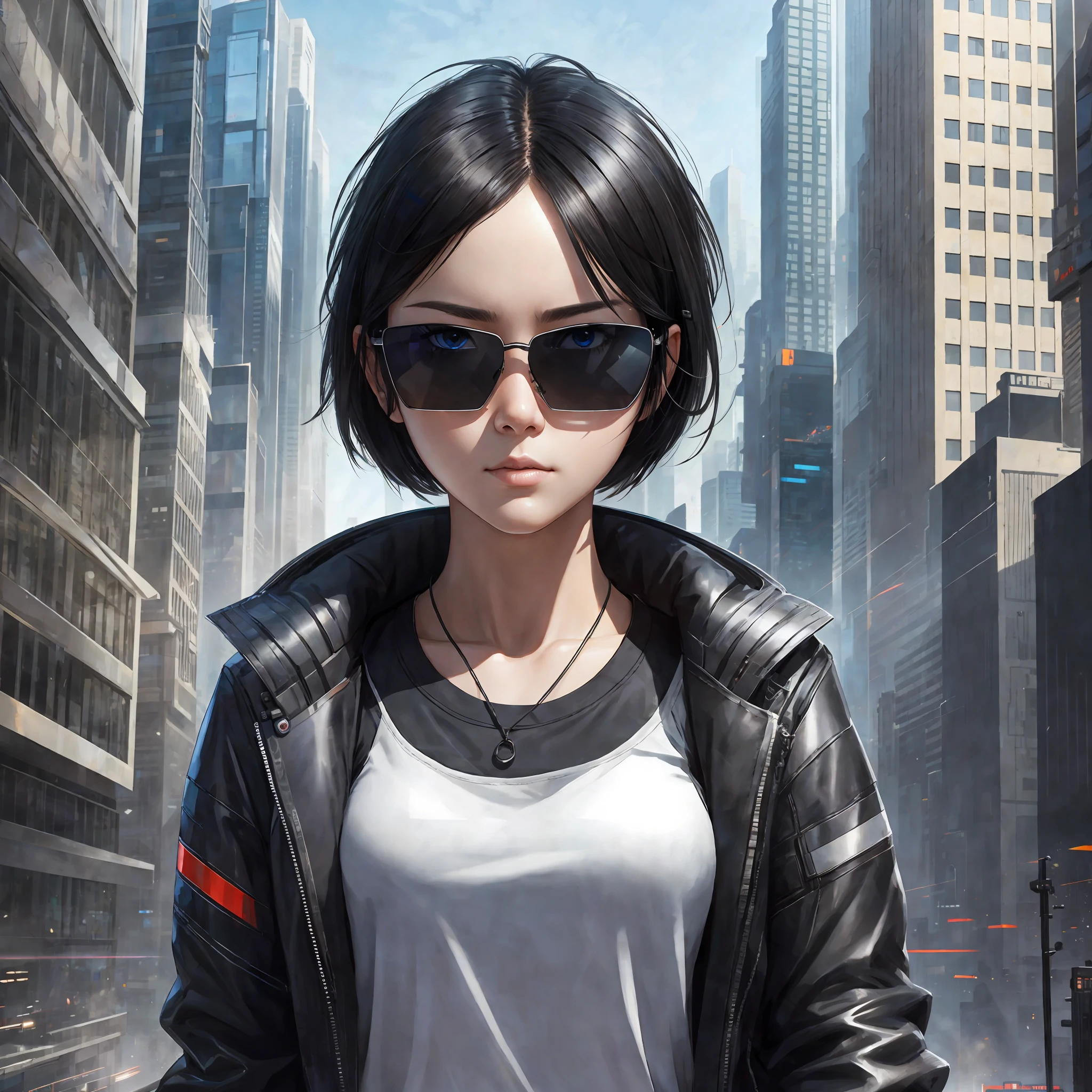 (Masterpiece), Best Quality, Hyper-Realism, 1 Girl, Short Black Hair, Tech-Sense Sunglasses, Cold Expression, Breathable, Tech-Sensed Building, Cyberpunk Style, POV, Rendered Full Face,,。 --auto --s2