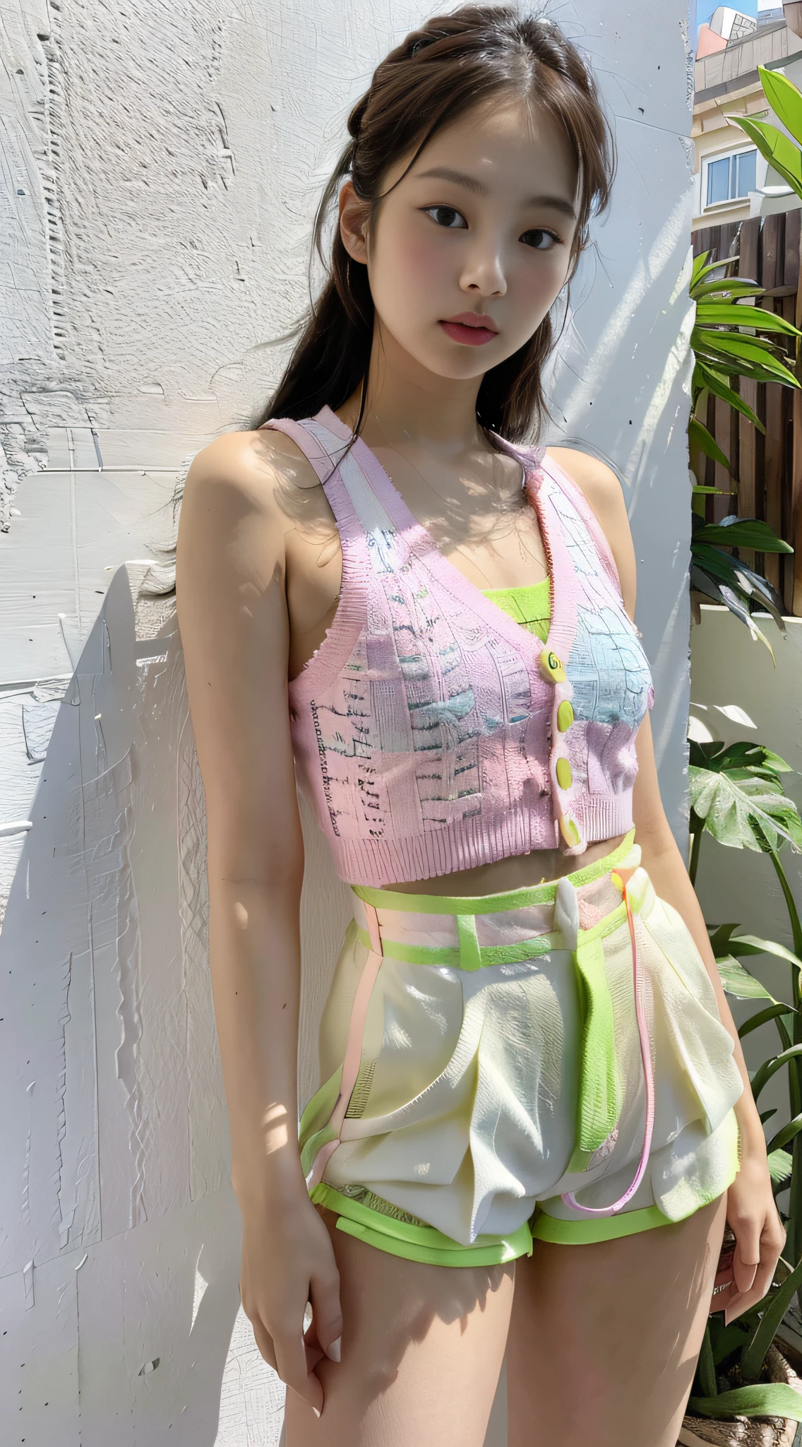 Kim Ji-ni Jennie face, wearing a fluorescent pink vest, short, light green shorts, sexy, cute, white wall, strong contrast, sunlight on the face,