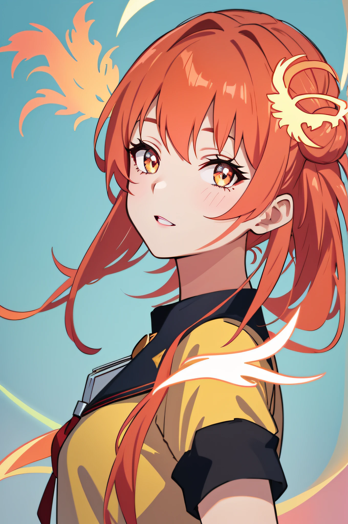 Perfect masterpiece, best image quality, perfect image quality, 8K, upper body lens, (front portrait: 1.5), delicate face, face close-up, woman (phoenix: 1.2), strange bright transparent eyes, magic transparent eyes, lower breasts, navel, star eyes, long red hair, holographic phantom phoenix background, digital art, flat illustration, color illustration, minimalist style,