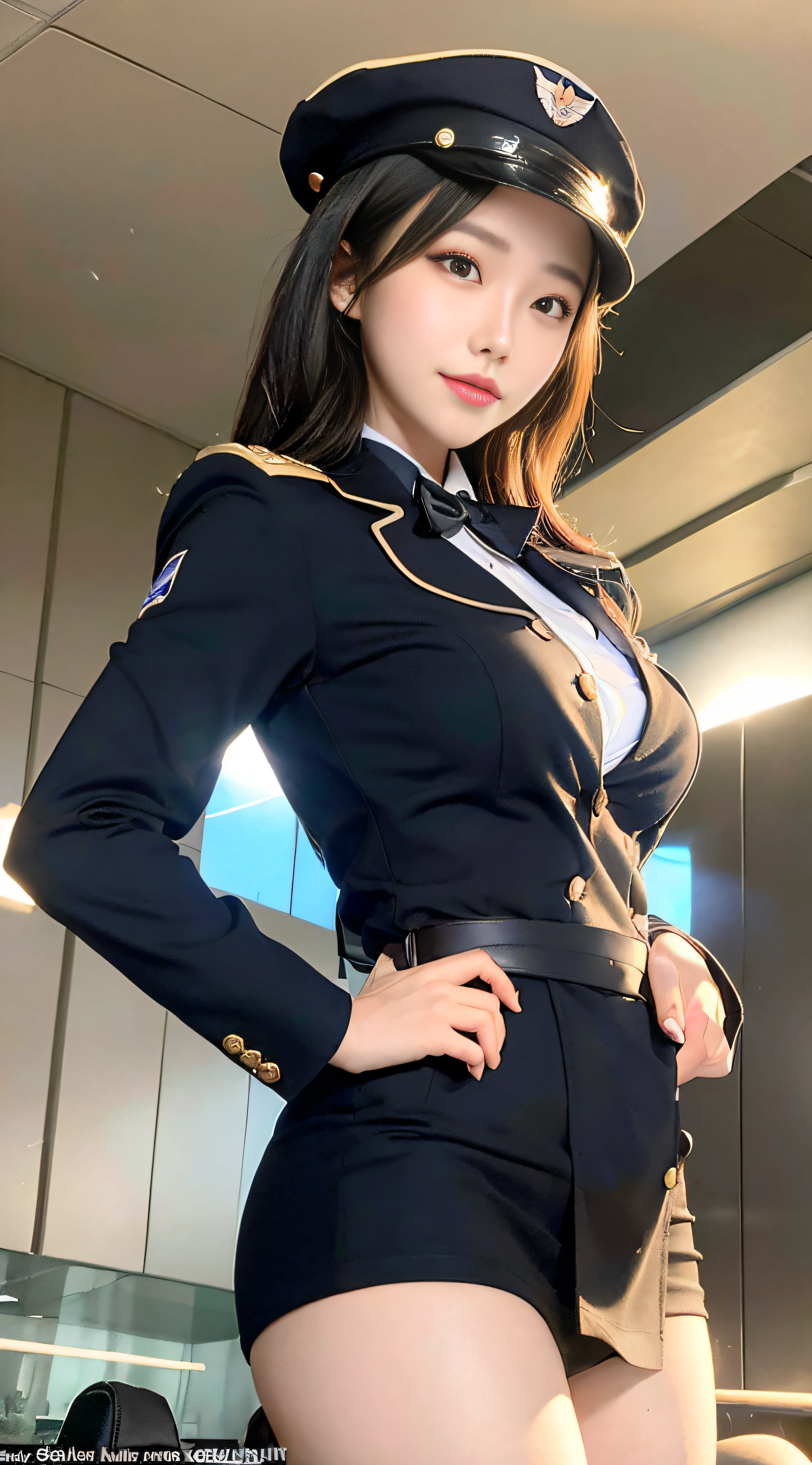 Ultra high definition, Ultra image quality, 8K image quality (beautiful slim legs: 1.15), (cute face), (natural glossy skin: 1), (small breasts, thin waist, small thighs, firm buttocks, perfect body shape: 1.1), (detailed natural beauty skin, detailed skin texture, detailed black hair, random hairstyle), light shining on the face, (cinematic lighting), lens flare, shading, backlight, depth of field, backlight, airplane, airplane cockpit, , stewardess uniform, stewardess cosplay, glamour, slender body, flight attendant hat, random pose,