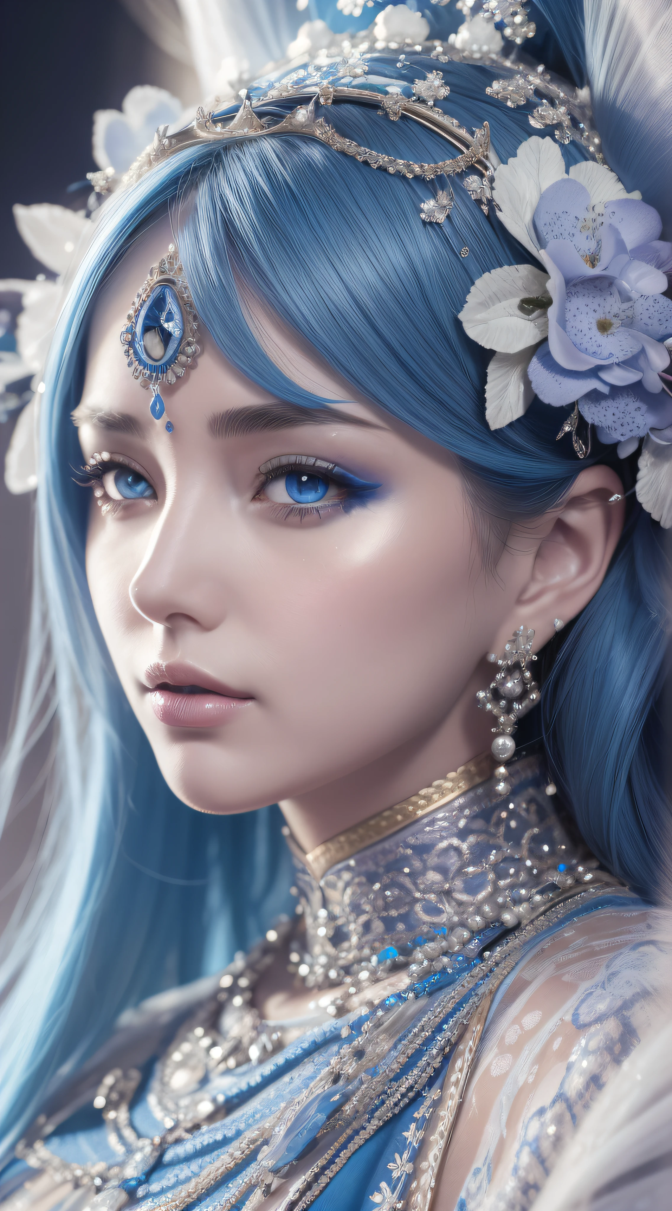 a close up of a woman with a blue and white headpiece, hyperdetailed fantasy character, 4 k detail fantasy, 8k high quality detailed art, goddess. extremely high detail, 3 d render character art 8 k, a beautiful fantasy empress, 4k highly detailed digital art, close up character, detailed face ), intricate ornate anime cgi style, detailed fantasy digital art