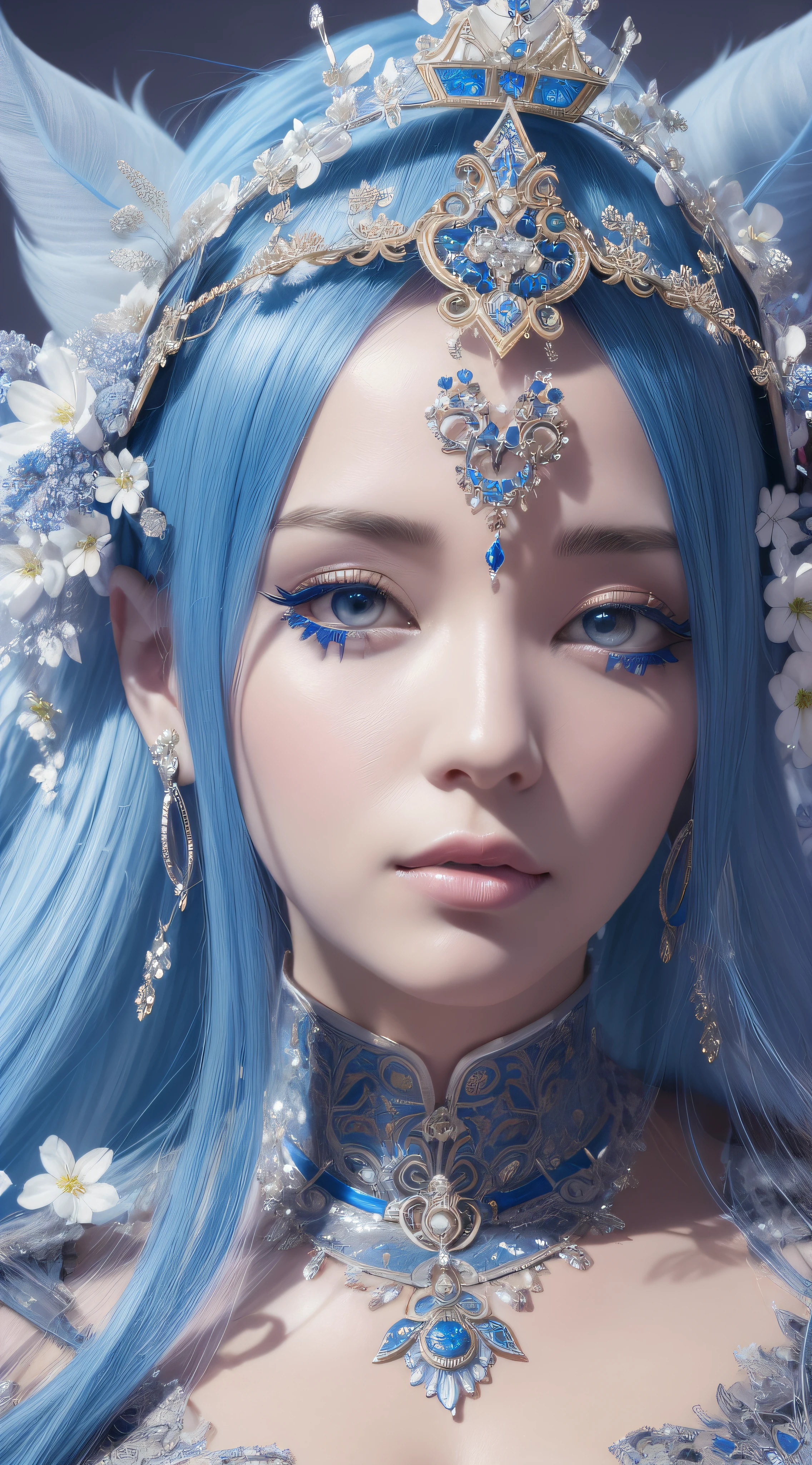 a close up of a woman with a blue and white headpiece, hyperdetailed fantasy character, 4 k detail fantasy, 8k high quality detailed art, goddess. extremely high detail, 3 d render character art 8 k, a beautiful fantasy empress, 4k highly detailed digital art, close up character, detailed face ), intricate ornate anime cgi style, detailed fantasy digital art