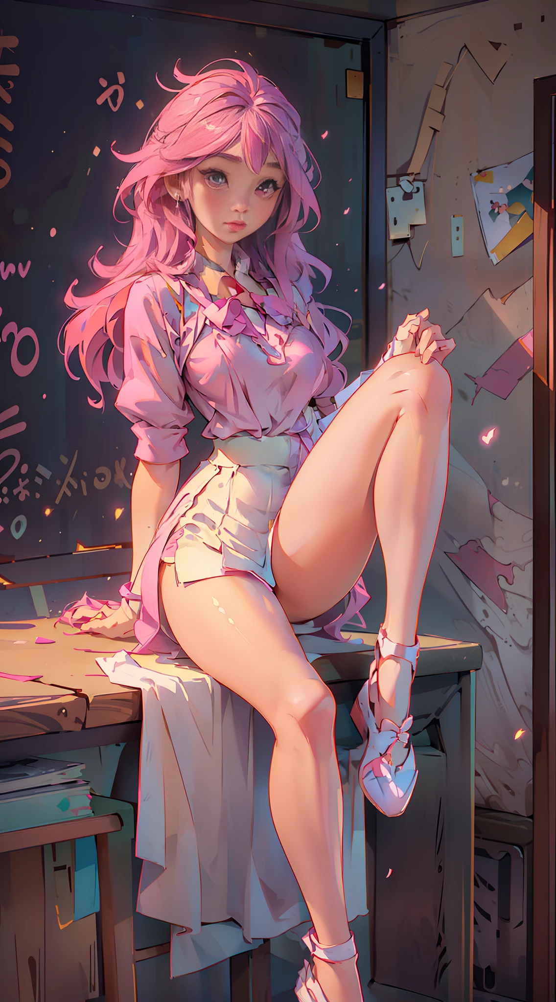 Perfect fingers, pink suspenders, (legs apart, revealing white panties) (high quality picture, refined masterpiece, 1.5) A student sister, delicate facial features 1.5, sitting proudly on the desk, the background is the classroom, wearing a pink school uniform, hair pink big waves, legs spread 1.2, plump chest 1.5, full body portrait