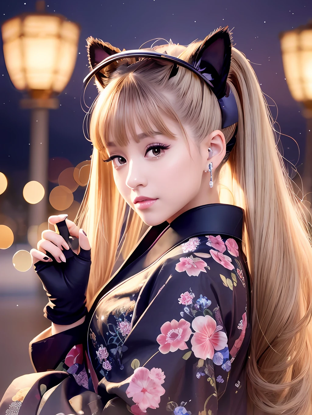 High resolution, high definition, Ariana Grande: 1.3, American singer, actress, singer-songwriter, dark blonde hair, high ponytail, cat ears, kimono, detailed kimono, beautiful detailed eyes, kimono with thin decoration, full body, Taisho era scenery, deep landscape, amazing illumination, light effect, night sky!
