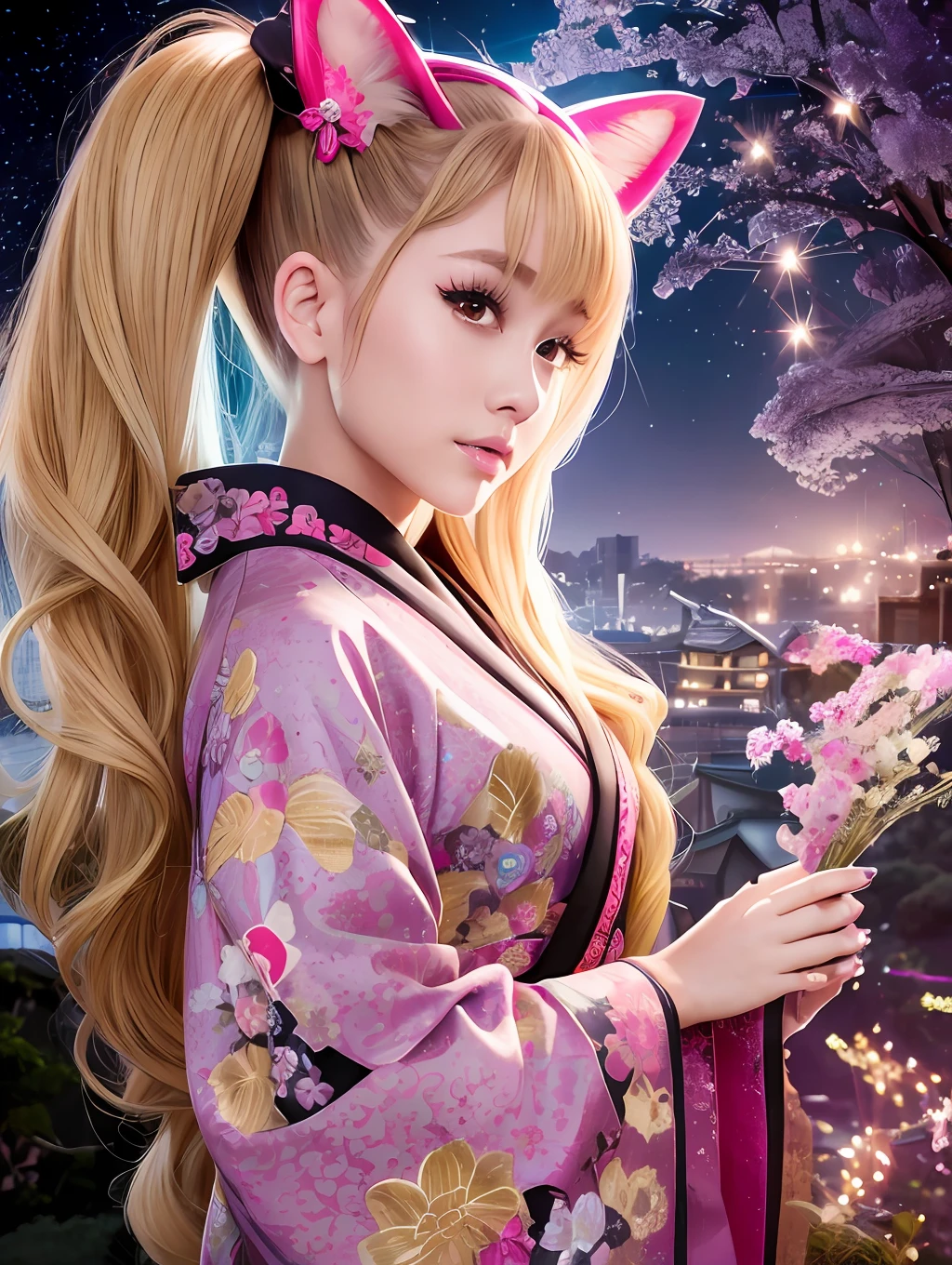 High resolution, high definition, Ariana Grande: 1.3, American singer, actress, singer-songwriter, dark blonde hair, high ponytail, cat ears, kimono, detailed kimono, beautiful detailed eyes, kimono with thin decoration, full body, Taisho era scenery, deep landscape, amazing illumination, light effect, night sky!