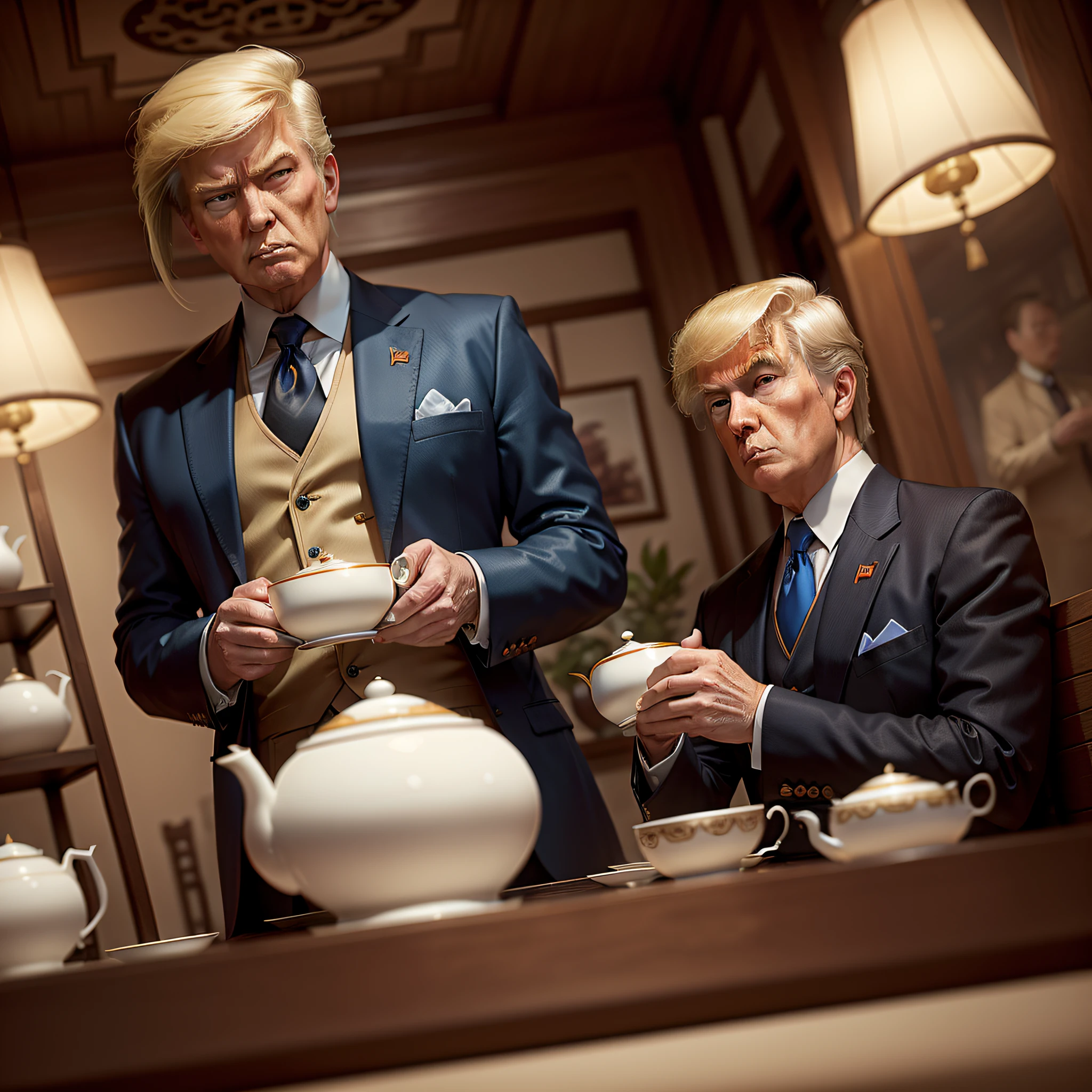 (masterpiece), best quality, ultra-detailed, high resolution, (tea shop), dynamic angle, (Donald Trump), (drinking tea), (blue suit), (comb over hairstyle), (serious face expression), (western tea set), (traditional Chinese tea house), contrast color, shallow depth of field.