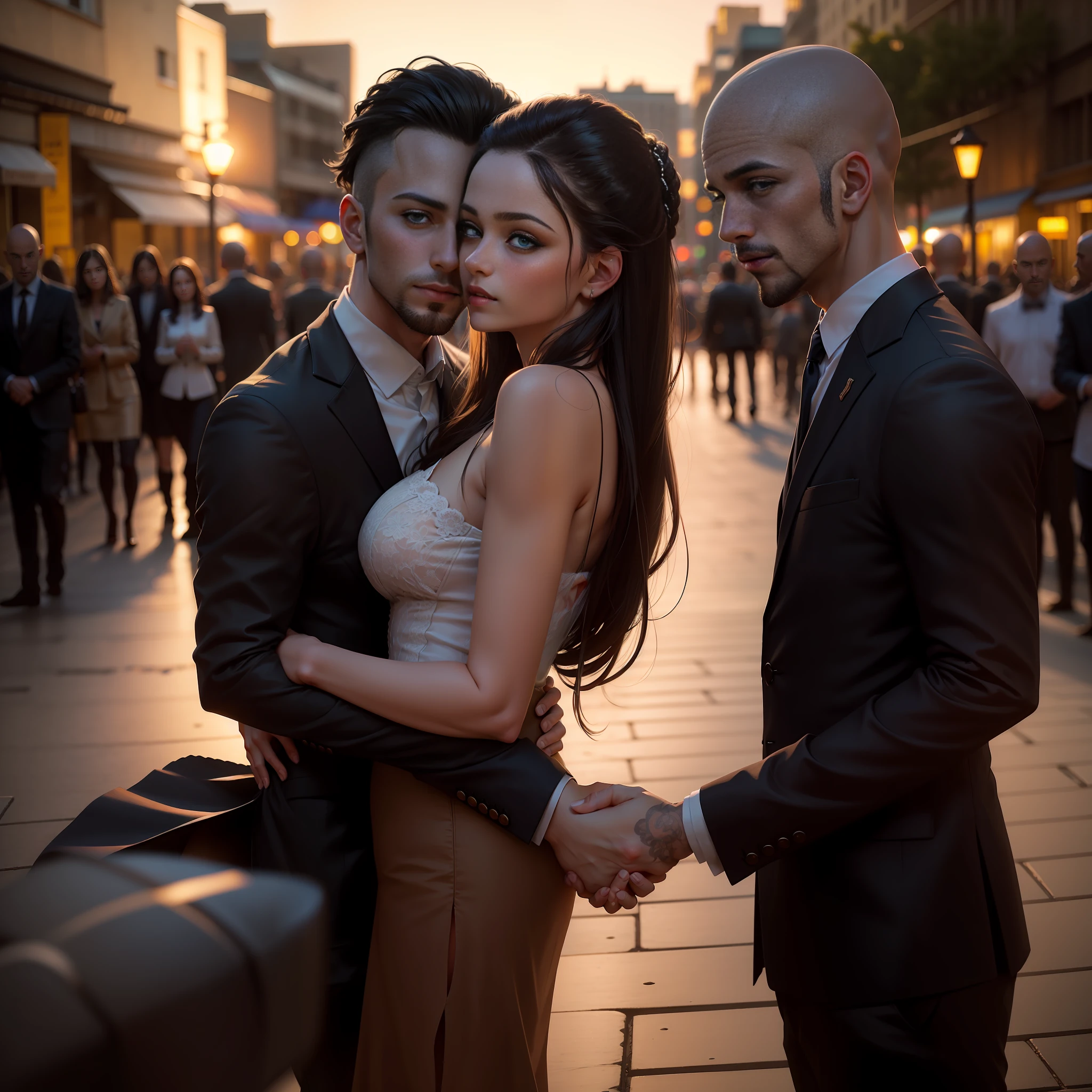 (ultra-realistic, portrait style),(better lighting, better shadow, an extremely delicate and beautiful), two people, romantic, two bald man, intertwined fingers, looking into each other's eyes,(man: blue eyes, black shaved hair, suit), (woman: brown eyes, brown hair, dress), city view background, twilight, bokeh, warm sunset light, soft focus.