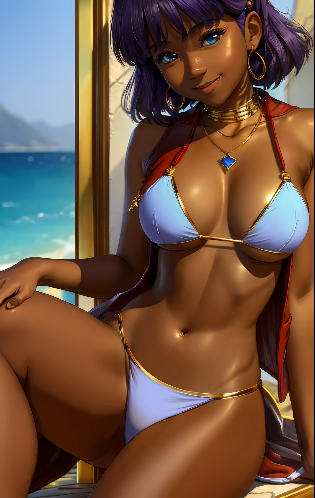 (masterpiece, best quality;1.3), extremely detailed, 1girl, (solo:1.5), detailed skin, looking at viewer, dark skin, smile, large breast, nadia, dark purple hair, WHITE bikini, red vest, Gold collar, Necklace with large light blue gemstones, from below, sitting,