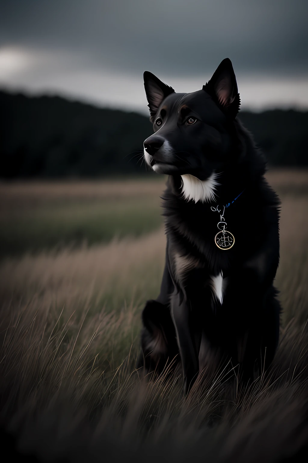 (photorealistic) a dog on grasses, windy, cinematic, dark theme, rim light