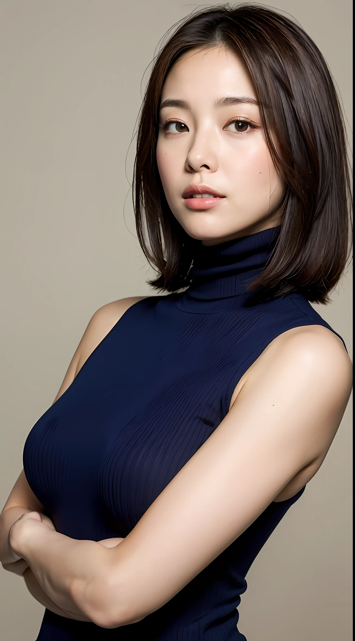 (Best Quality, 8k, 32k, Masterpiece, UHD: 1.2), Cute Japan Woman Pictures, 1 Girl, Profile, (Big), (Tall Women), (Abs, Slim Figure: 1.2), (Lips), (Medium Short Dark Brown Hair), Dark Blue Ribbed Turtleneck, Sleeveless, Big Buttocks Protruding, Sideways, Chest Stretched, Arms Forcefully Crossed Under the Chest, Angle from the side