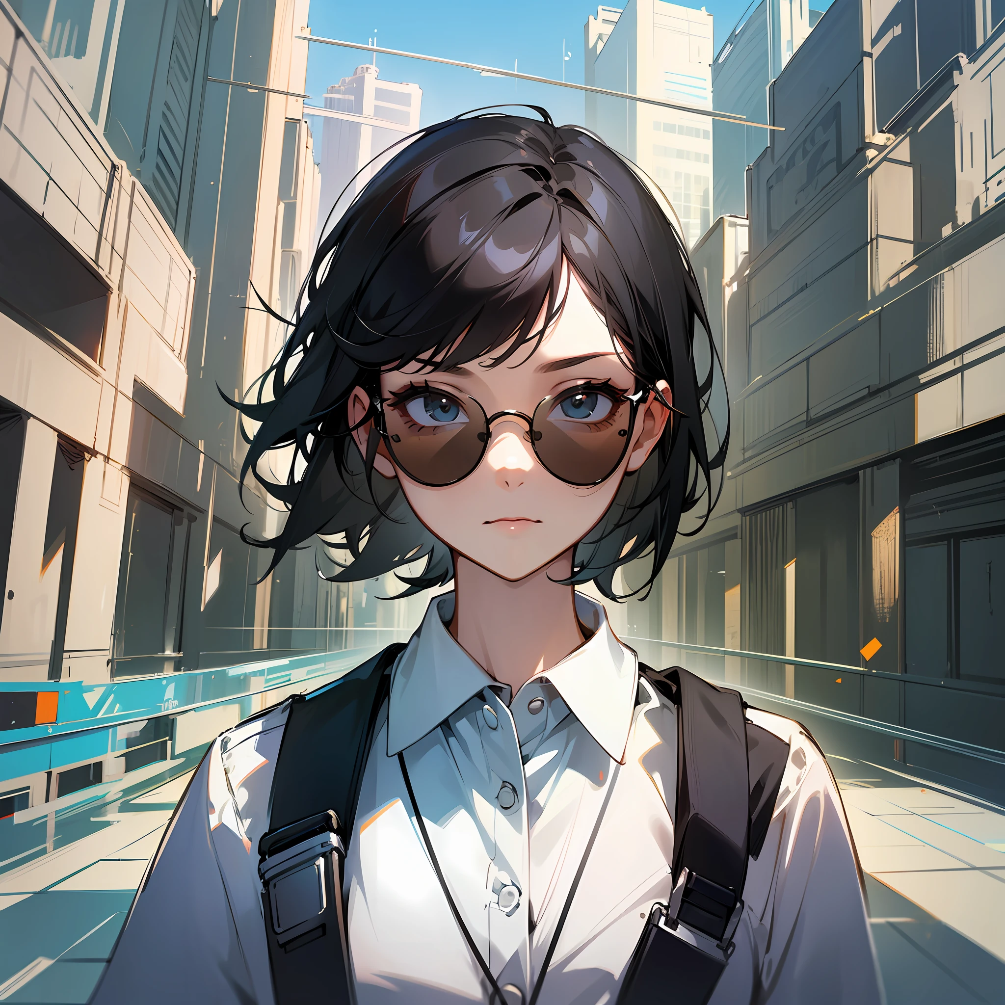 (Masterpiece), Realism, 1 Girl, (Best Quality), Unisex Girl, (Short Black Hair), (Tech Sunglasses), (Breathing), (Internet Background), POV, Full Face, --auto --s2