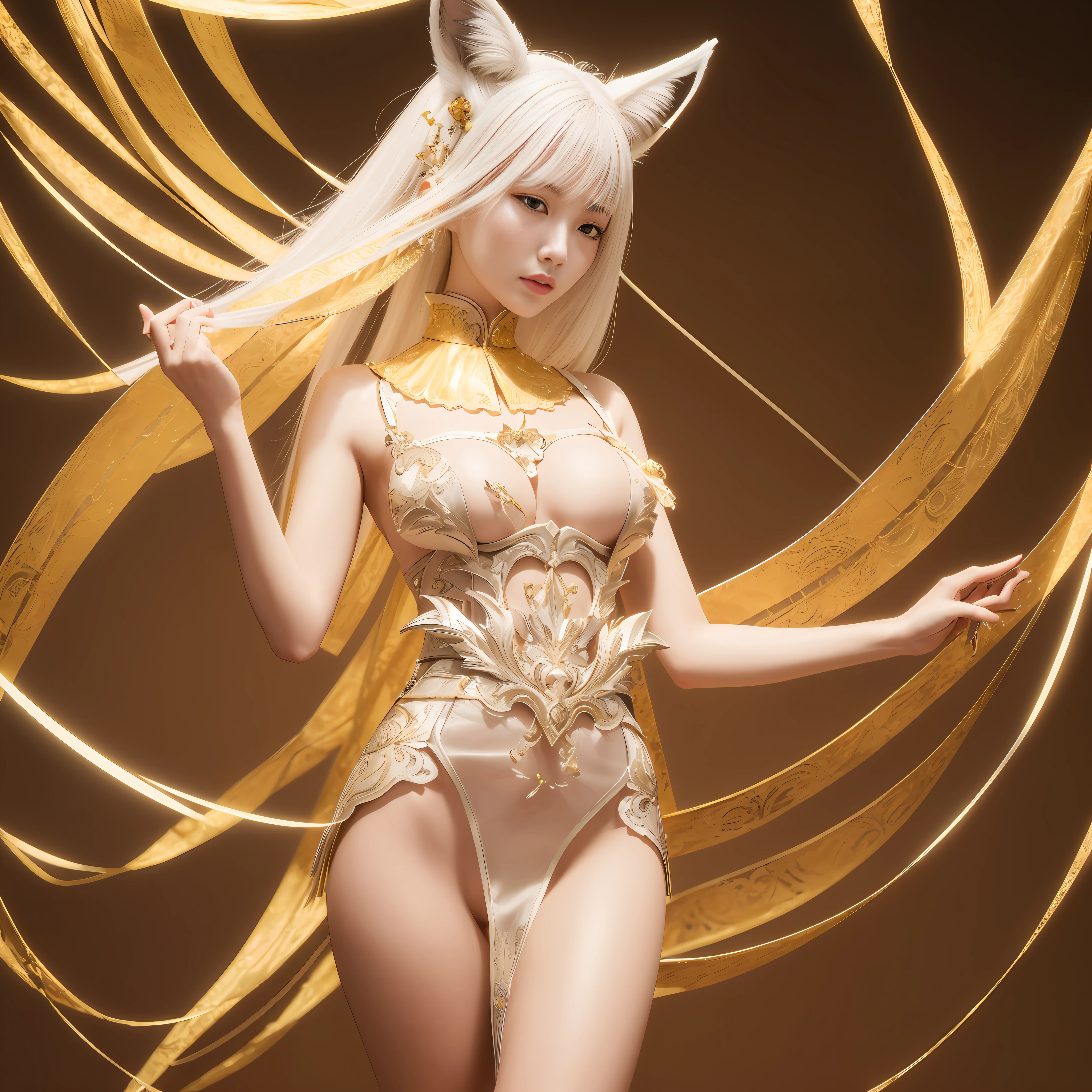 Korean, masterpiece, best quality, high quality, extremely detailed CG unity 8k wallpaper, (realistic, Photo real: 1.3), (RAW photo: 1.2), Woman body set medium breasts, exposed breasts, full and natural breasts, crisp breasts, tender white complexion, straight buttocks, (transparent tong), surreal, 8K, original photo, film grain, super high resolution, super detail, tall, very clear face, slender long legs, a pair of snow-white slender beautiful legs, like ivory carved jade legs, perfect proportion and length, stunning face, melon seed face, qiong nose cherry lips, eyebrows picturesque, amorous, charming, slender and slender waist, close-up of a woman in gold and white clothing, super detailed rendering, 3 D rendering character art 8 K, complex white and gold armor, full samurai armor fox, high detail iconic character, 8K rendering, octane rendering, octane rendering, super detail octane rendering, super detailed octane rendering, super detailed 3 d rendering, futuristic style fox demon --auto --s2