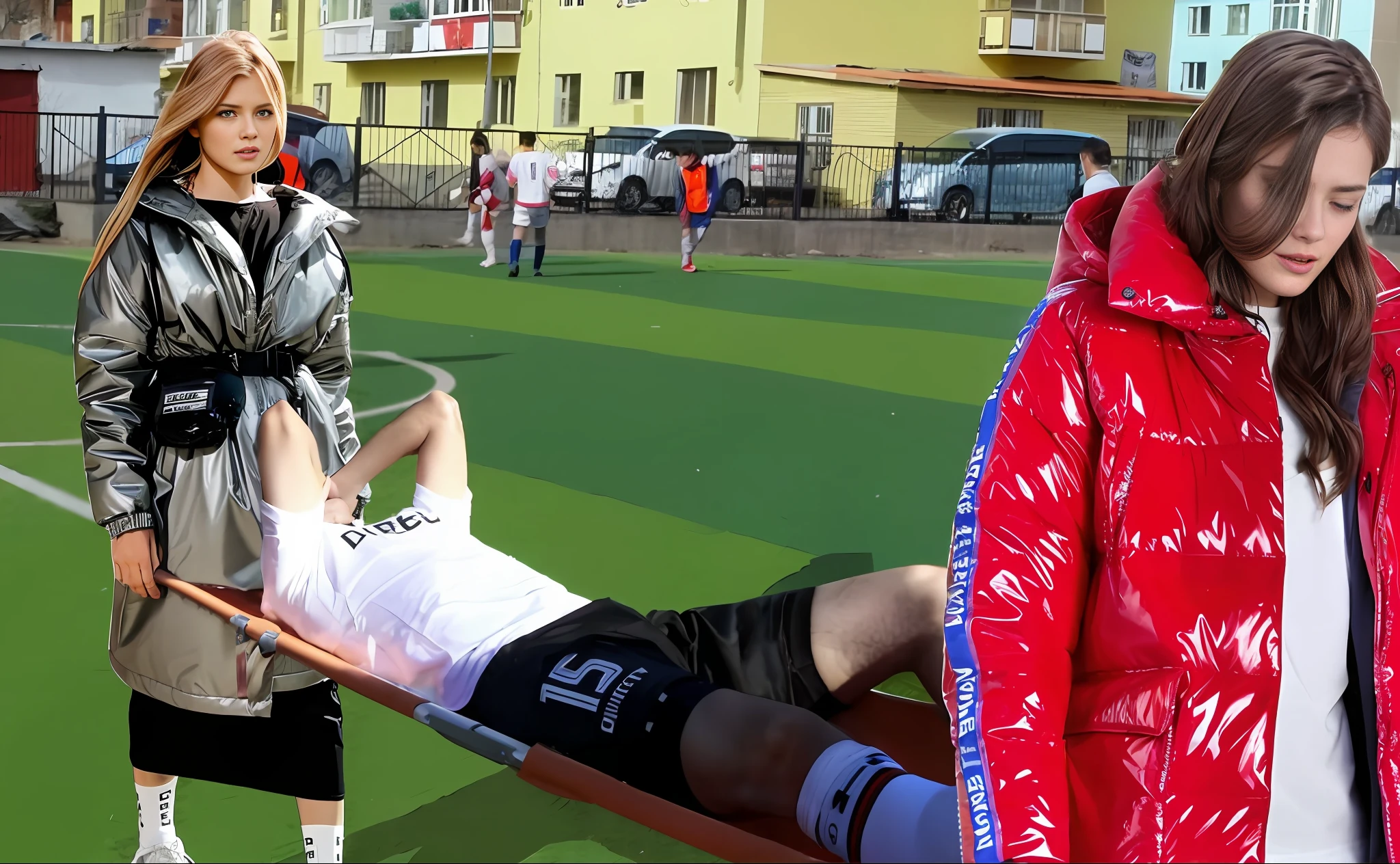 there is a pretty tee-girl in a shiny red coat, a sad and crying schoolgirl in a high-shine down coat, there is a young girl in a high-shine silver coat, a longhaired blond girl in a silver coat is desperately crying out, there is a sportsman in white shorts and a white t-shirt lying injured on a stretcher, there is an injred sportsman who is covering his face on a stretcher, an injured sportsman is covering his face with his hands, an injured sportsman is writhing in ??????? on a stretcher, dramatic pity pose, there is a latino woman in a high-shine puffy coat, a high-shine black down coat, a long black moncler coat, a wetlook down coat, a wet black aquered coat, a latino wife is wearing a wetlook black uniform, injured, medic, laura sava, anna nikonova, very professional, by Dietmar Damerau, alexandra fomina, soccer action pose, affection pose, lecherous action pose, dramatic action pose, theatralic pose, there is an attractive woman that is carrying a skinny man, there is a beautiful woman in a shiny coat who is carrying a blond man in her arms, a longhaired beautiful woman in a high-shine black puffy coat, a longhaired woman in a shiny downcoat, a woman is carrying a shorthaired man who is wearing shorts and a t-shirt, a weak man in spots shorts is consciousless and needs to be carried, a shorthaired man with closed eyes is carried in the arms of a longhaired woman, a woman looks very scared and terrified, a consciousless man with closed eyes is suffering very much and has a very painful face, photo, photo shoot, photographed , accident, help, aid, first aid, pity