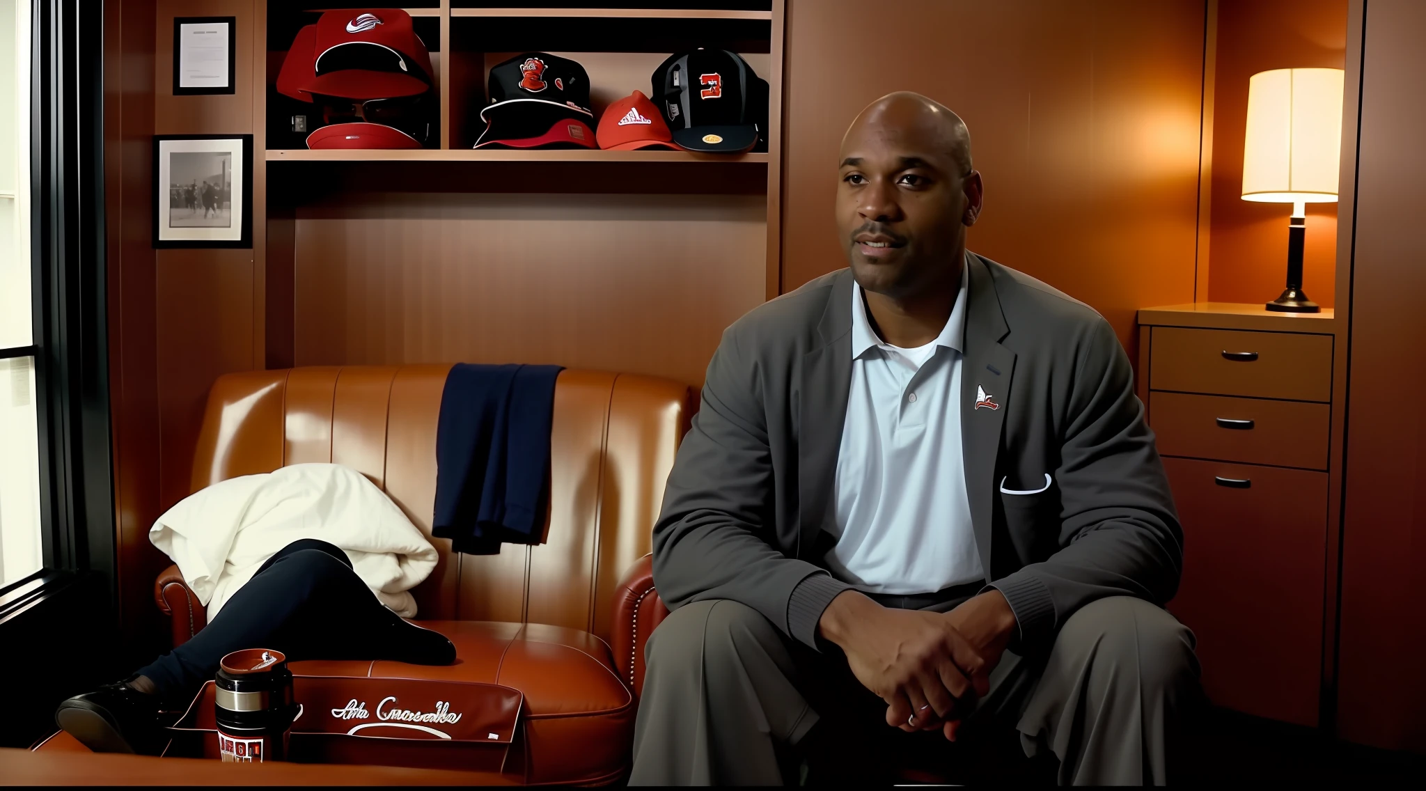 Film still of a cozy setting sitting in Chicago Bulls locker room, accurately recreated and filled with historic elements. hands down. Best documentary-style lighting to capture the atmosphere.