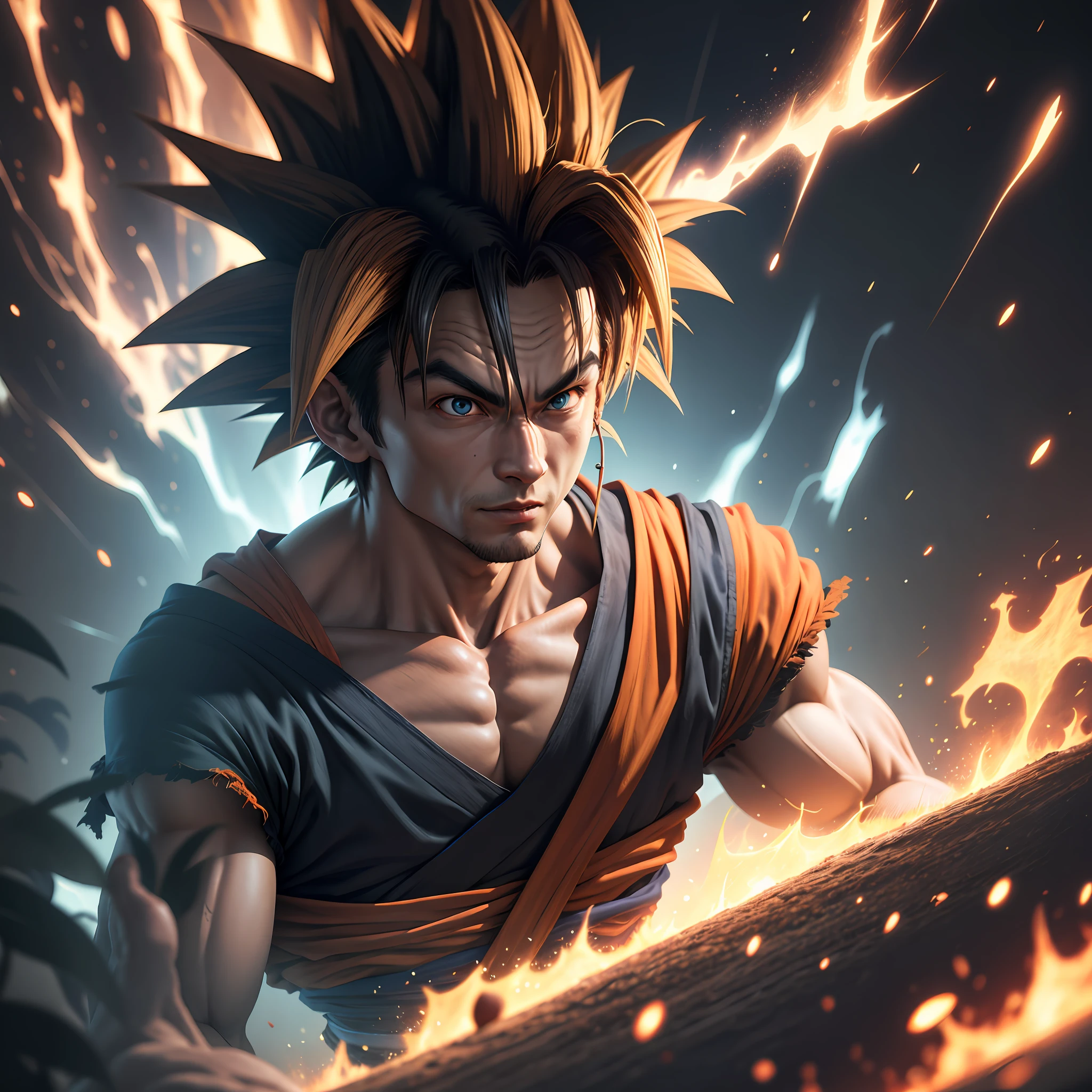 photography realistic goku, live action 8k detailed ultrarealistic Black background
