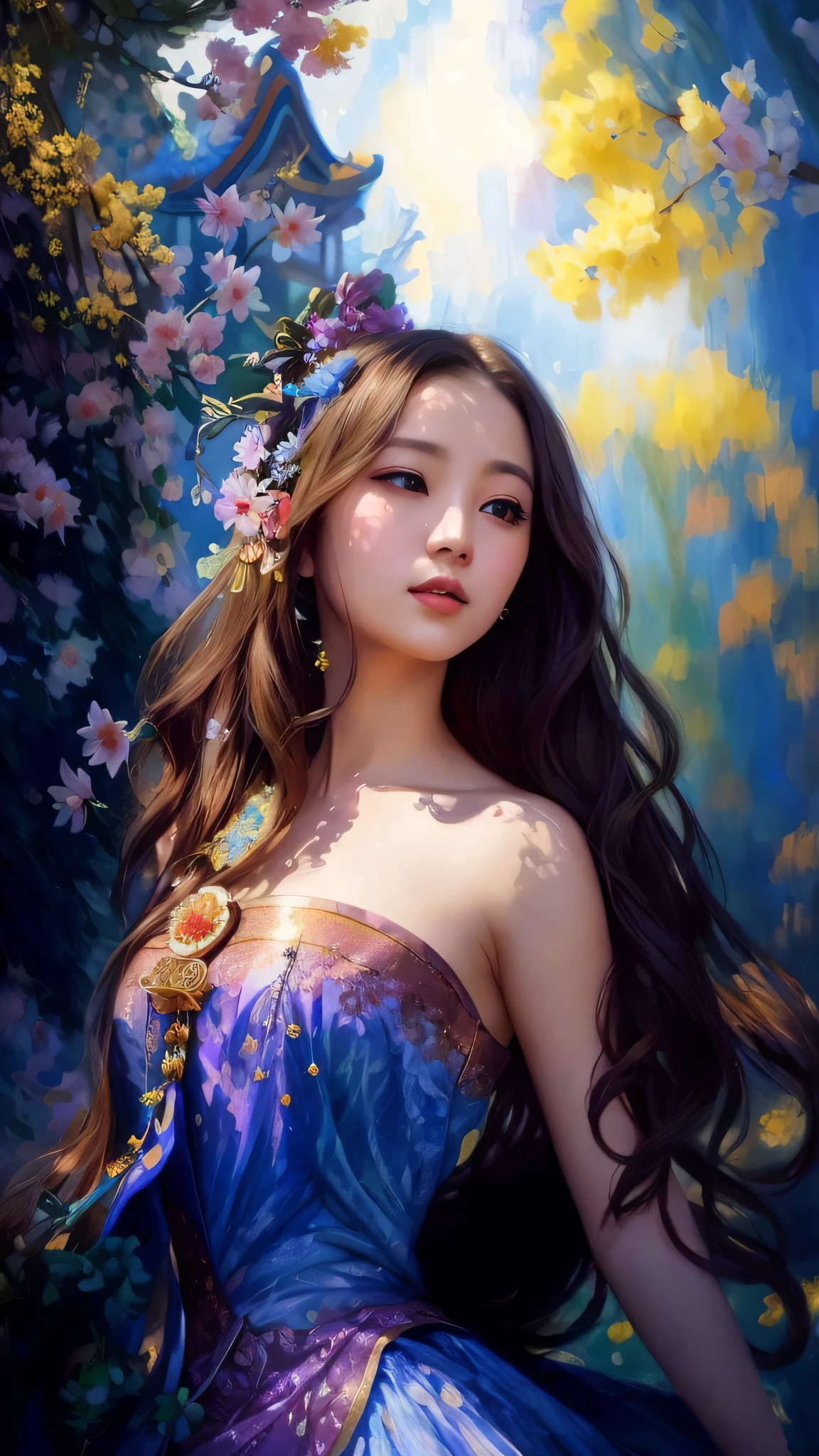 a painting of a woman in a blue dress with flowers in her hair, beautiful character painting, beautiful fantasy art portrait, beautiful gorgeous digital art, beautiful fantasy art, chinese girl, digital fantasy art ), beautiful digital art, beautiful art uhd 4 k, beautiful fantasy maiden, beautiful digital artwork, very beautiful fantasy art, very beautiful digital art, beautiful fantasy portrait
