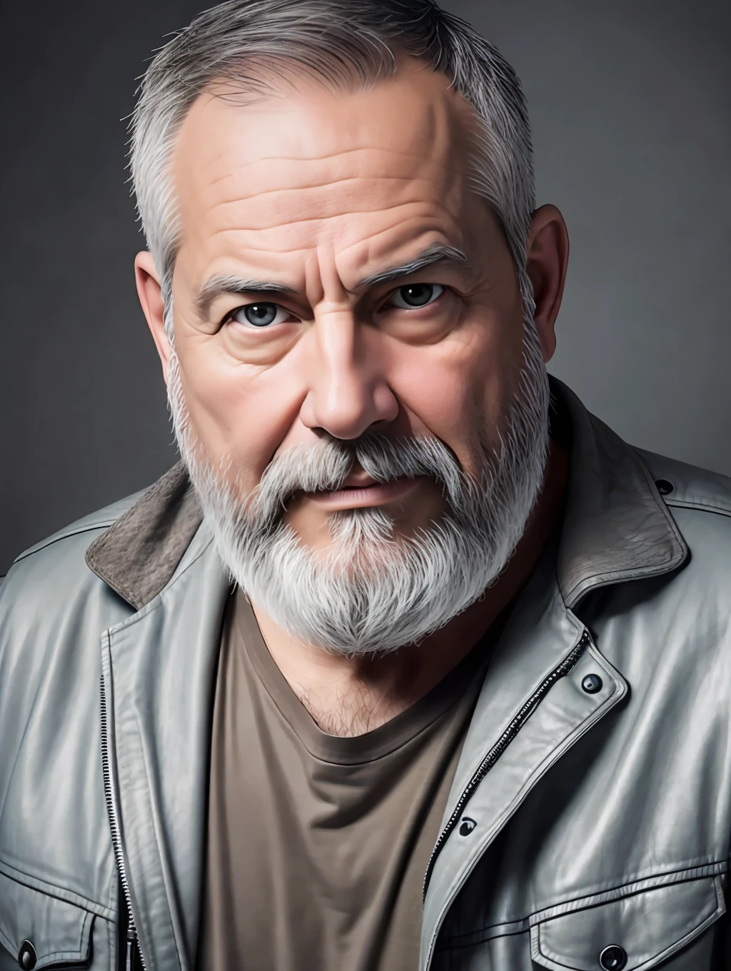 Portrait of a middle-aged man, detailed skin face, expression wrinkles, lumberjack style gray beard, raw beige leather jacket, white T-shirt without print, stiff countenance. Ultra detailed scene, dslr camera with 50mm Lens, soft studio lighting