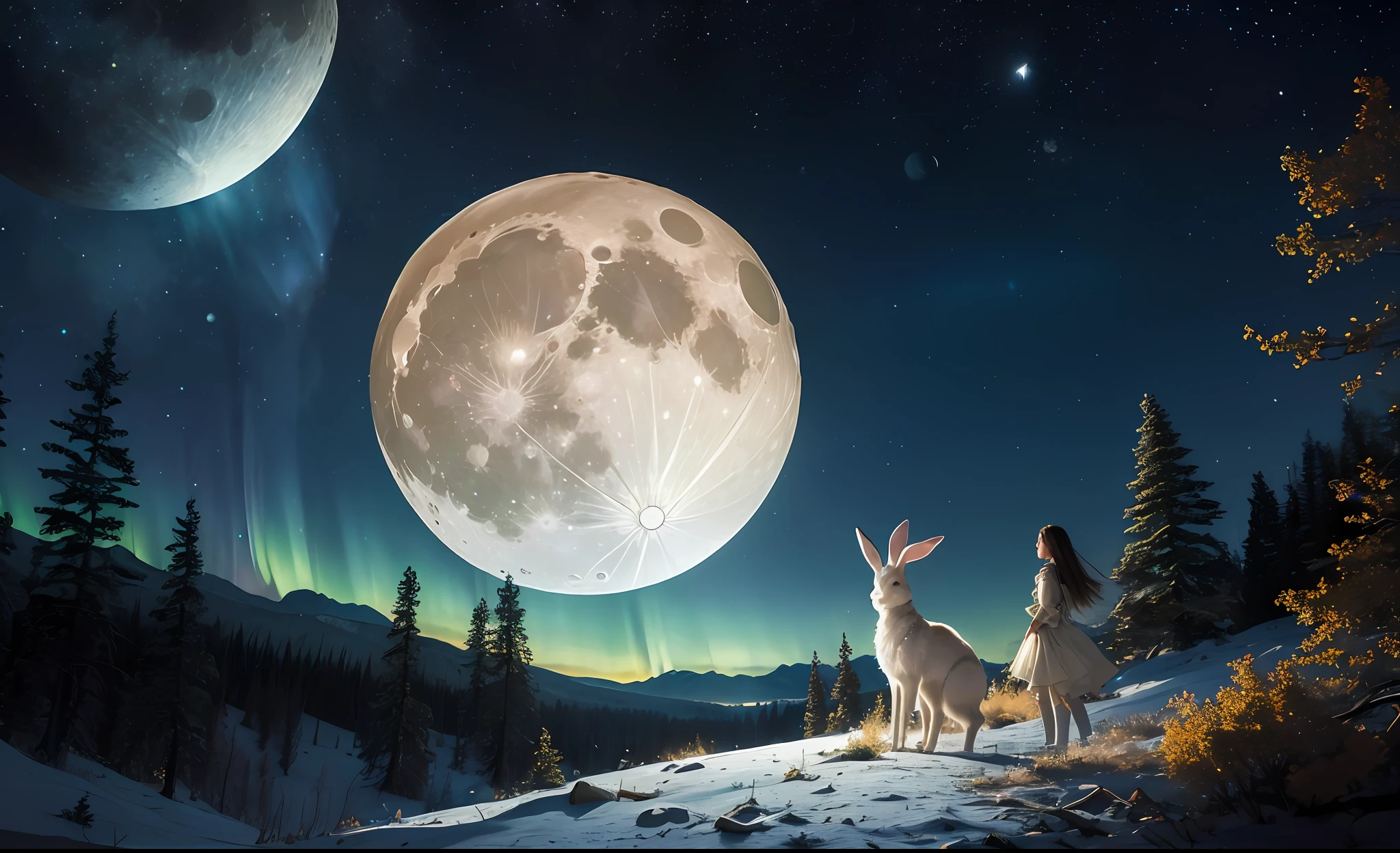 ((best quality)), ((masterpiece)), ((realistic)), ((beautiful female moon)), celestial body struck, comet impact, moon broken in half, surrounded by debris, fragmented, aurora dancing, spring evening, rabbit observer, glimmering stars, forest mist below, on eye level, scenic, masterpiece