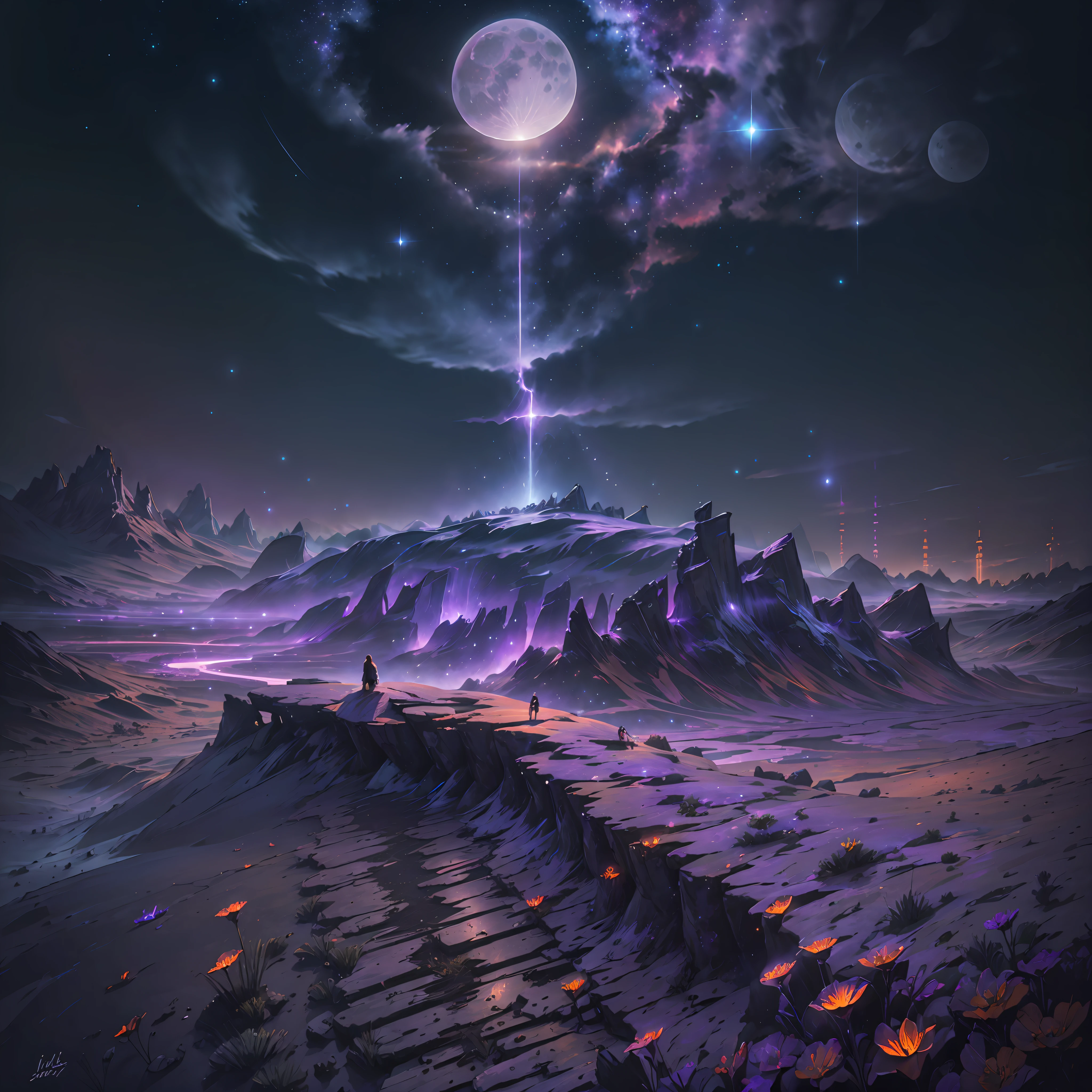 expansive landscape photograph , (a view from below that shows sky above and open field below), a girl standing on flower field looking up, (full moon:1.2), ( shooting stars:0.9), (nebula:1.3), distant mountain, tree BREAK production art, (warm light source:1.2), (Firefly:1.2), lamp, lot of purple and orange, intricate details, volumetric lighting, realism BREAK (masterpiece:1.2), (best quality), 4k, ultra-detailed, (dynamic composition:1.4), highly detailed, colorful details,( iridescent colors:1.2), (glowing lighting, atmospheric lighting), dreamy, magical, (solo:1.2) --auto --s2