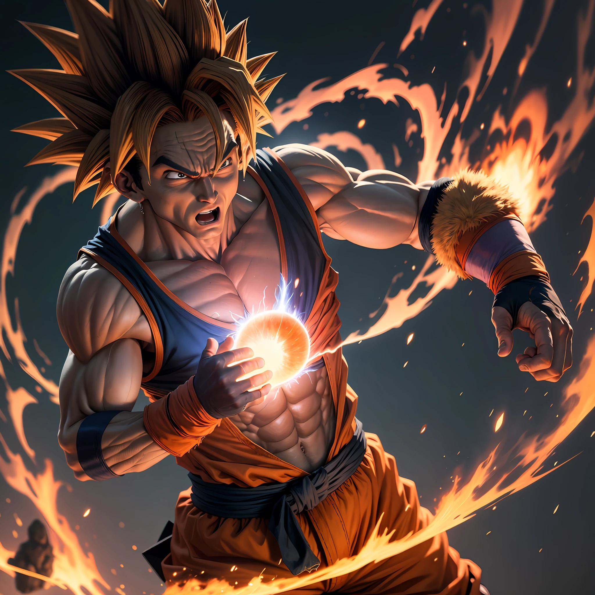 photography realistic goku, live action 8k detailed ultrarealistic Black background, kamehameha