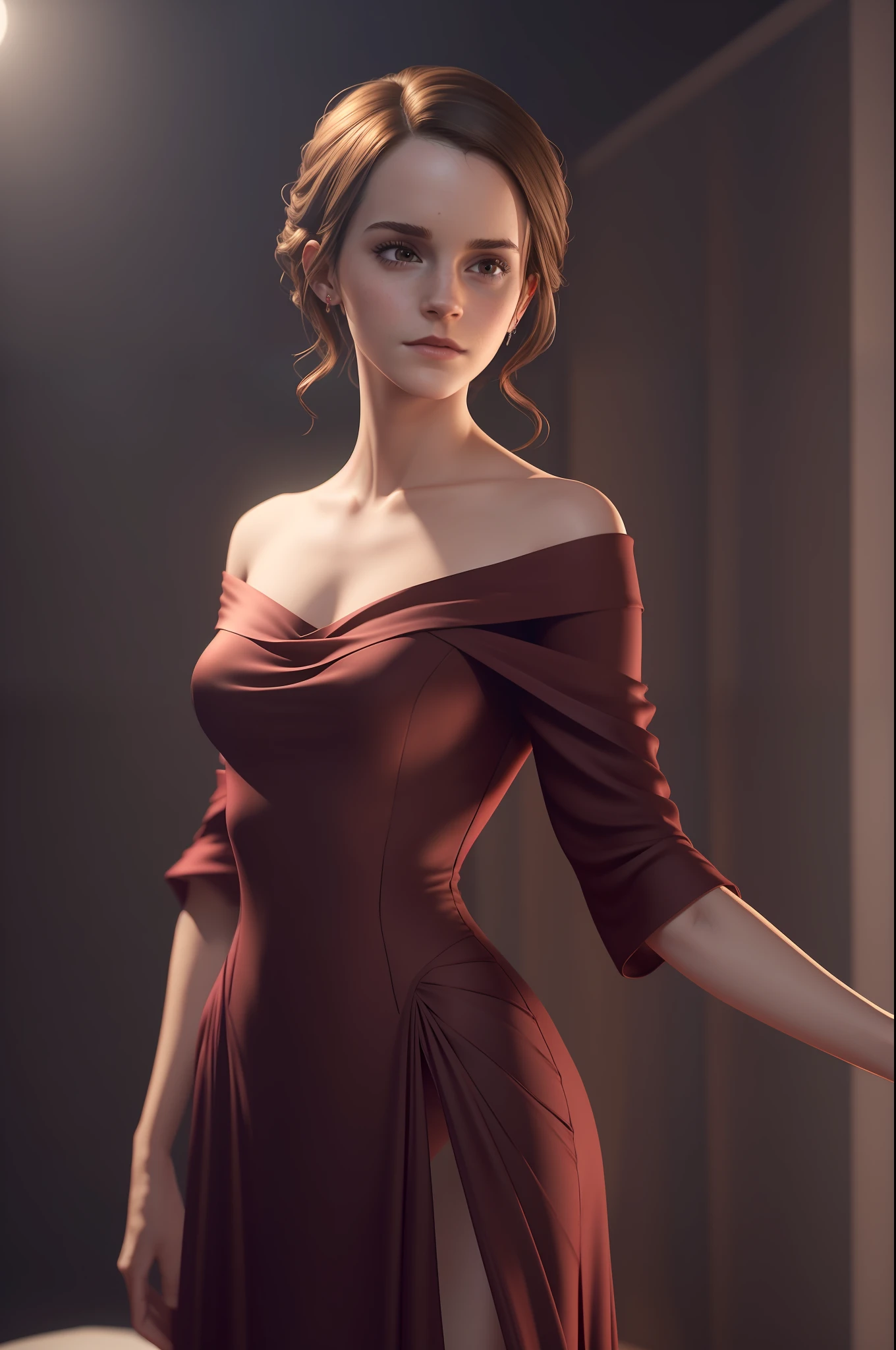 Emma Watson, A tall slender adult woman standing in dark bedroom, She wears a tight off-the-shoulder dark red long dress that is tight to her body, ((small_breasts)), collarbone, small head, (photorealistic:1.2) (best quality) (intricate details) (8K) (High Poly) (ray tracing) (cinema lighting) (Sharp focus) (detailed face), whole body, realistic skin textures, (she is 40 years old)