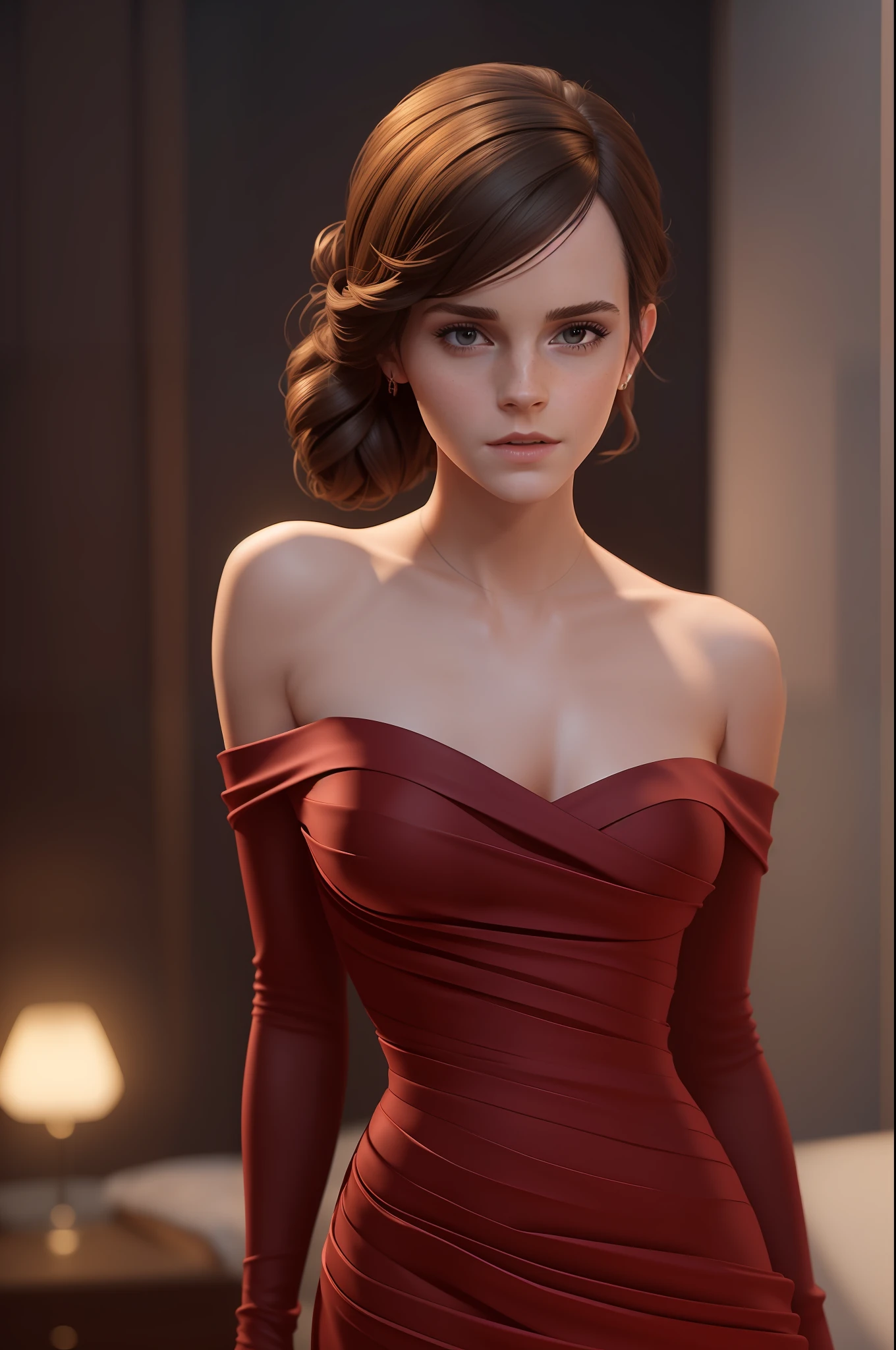 Emma Watson, A tall slender adult woman standing in dark bedroom, She wears a tight off-the-shoulder dark red long dress that is tight to her body, ((small_breasts)), collarbone, small head, (photorealistic:1.2) (best quality) (intricate details) (8K) (High Poly) (ray tracing) (cinema lighting) (Sharp focus) (detailed face), whole body, realistic skin textures, (she is 40 years old)