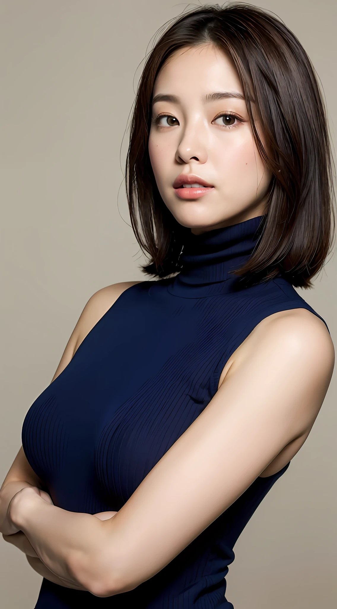 (Best Quality, 8k, 32k, Masterpiece, UHD: 1.2), Cute Japan Woman Pictures, One Girl, Profile, (Amazing Big), (Tall Women), (Abs, Slim Figure: 1.2), (Lips), (Medium Short Dark Brown Hair), Dark Blue Ribbed Turtleneck, Sleeveless, Big Buttocks Protruding, Sideways, Chest Stretched, Arms Forcefully Folded Under the Chest, Angle from the side