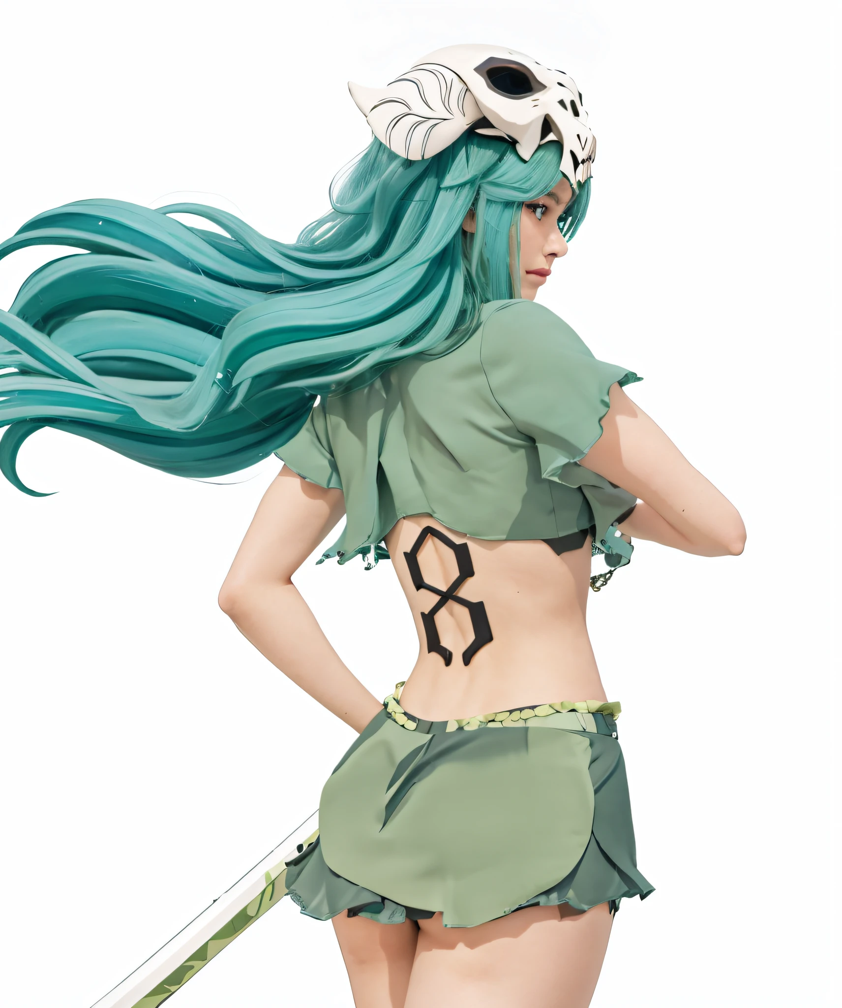 1girle, long blue-green hair, skeleton horn mask, green clothes, turquoise eyes, squint, with katana, realism, ultra hd, masterpiece, textured skin, hip skirt, back tattoo, high detail, high quality, 8k, high resolutionmasterpiece, best quality, official art, extremely detailed CG unity 8k wallpaper, highly detailed, absurdres, 8k resolution, close up portrait, exquisite facial features, prefect face, bishoujo, light frown, serious