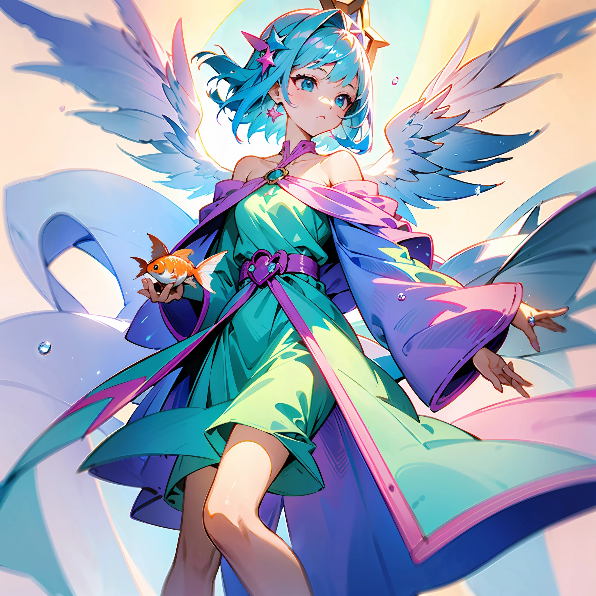 Light blue hair mixed with pink, purple, green, light yellow delicate girl, shawl medium hair, pure white off-the-shoulder dress, red belt, blue four-pointed star hair ornament, water drop angel ring, holding goldfish, watercolor style standing painting --auto --s2