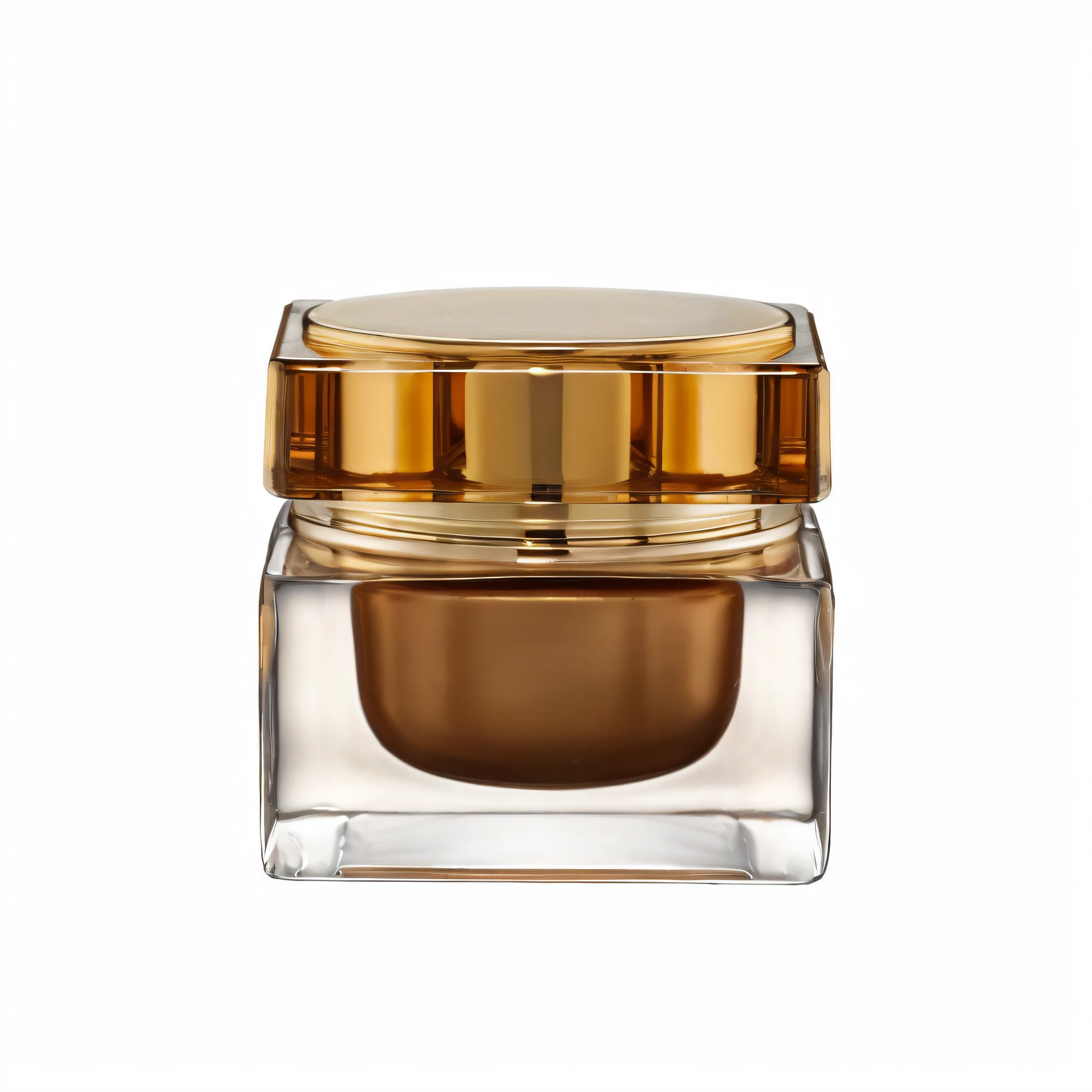 a close up of a jar of cream on a white background, caramel, honey, artdeco, tempera, textured base ; product photos, jessica, sienna, smooth gold skin, elegant gold body, amber, gilt, clear [bronze] face, fey, tudor, vtm, 4l, 35 mm product photo”, liquid translucent amber
