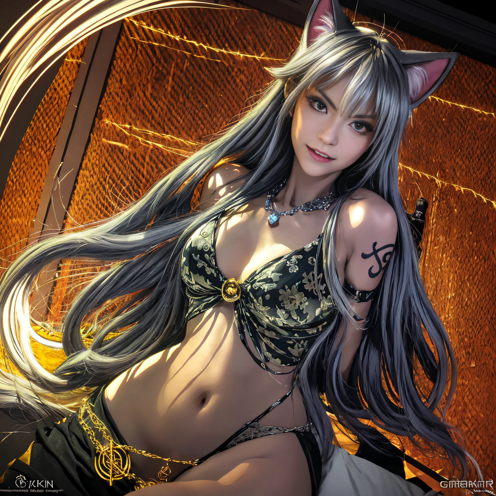 adult female, night, cat ears, gray hair, glowing eyes, youthful, bracelet, necklace, tattoo, fangs, long hair, underwear, golden eyes, tattoo, dragon horn, epic reality, necklace, (extreme detail CG Unity 8K wallpaper, masterpiece, highest quality), ray tracing, reflective glow white: 1.5, texture gloss orange: 1.3, (rendering is excellent enough to stand out in its class),