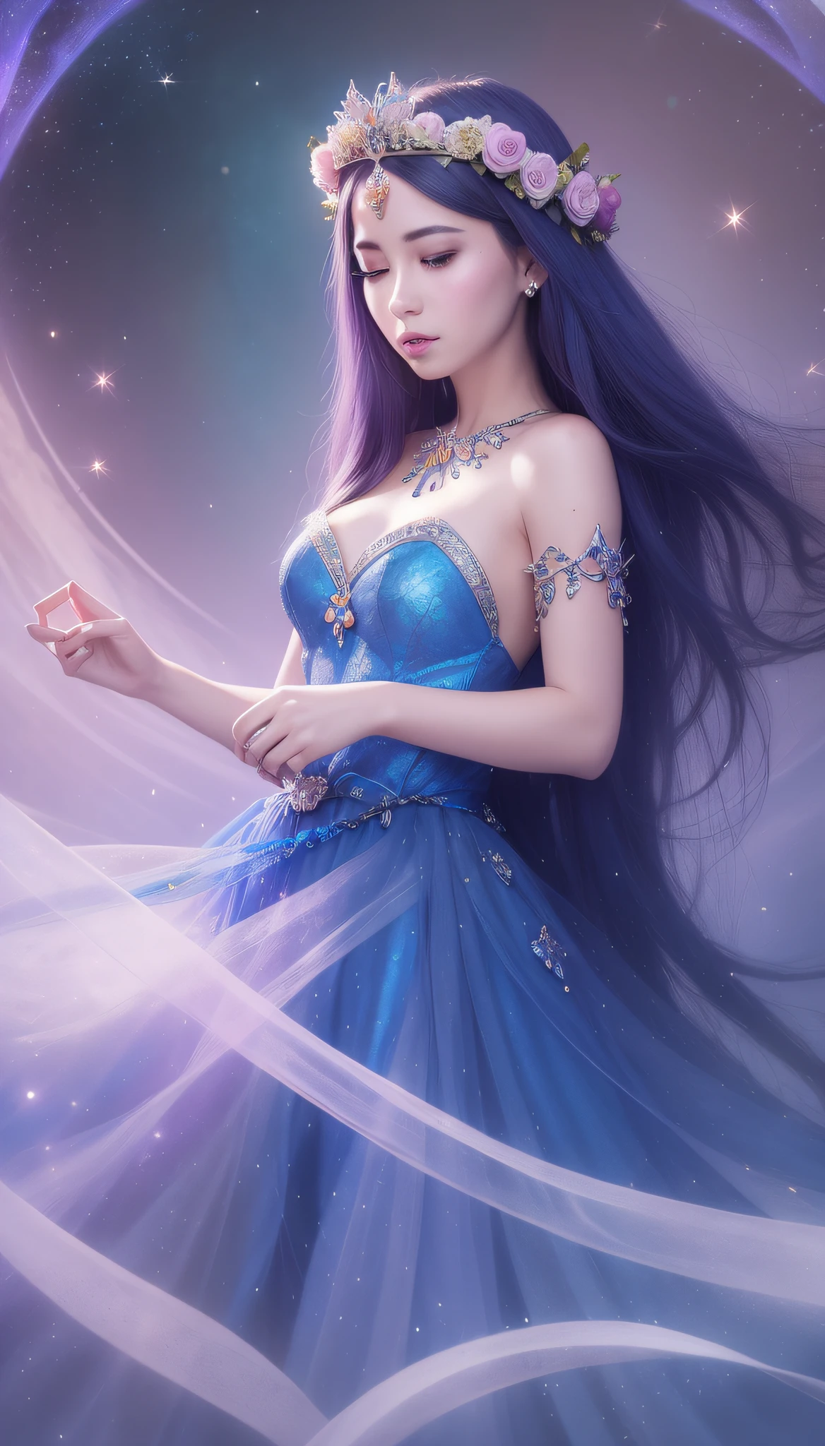 arafed woman in a blue dress with a flower crown, ethereal fantasy, ethereal beauty, ((a beautiful fantasy empress)), a beautiful fantasy empress, fantasy art style, fantasy beautiful, beautiful fantasy art, beautiful fantasy maiden, beautiful goddess, fantasy woman, digital fantasy art ), fantasy photoshoot, beautiful celestial mage, astral fairy, celestial goddess, beautiful sorceress