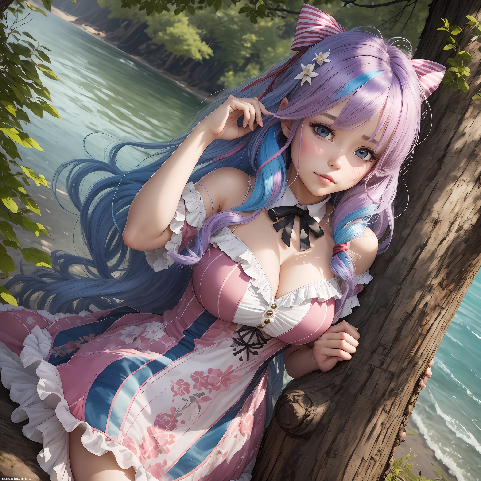 beautife, cleavage dress, Under the tree, lakeside, Wind, streaked hair, colored inner hair, gradient hair, ribbon, hair ornament, shy, blush, naughty face, torogao, cinematic lighting, stereogram, pov, Eye-Level Shot, UHD, ccurate, textured skin, best quality --auto --s2