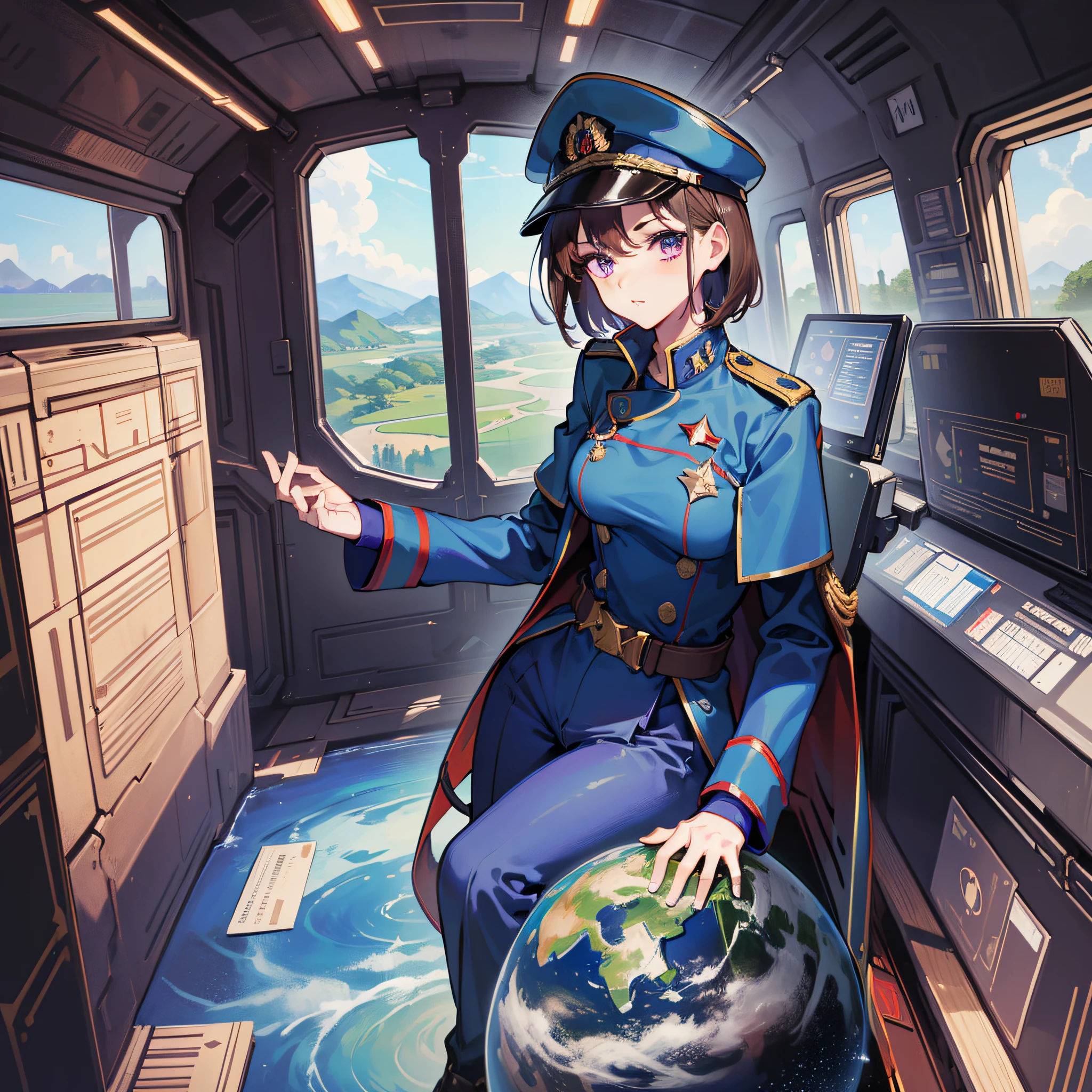 ((Masterpiece)), ((Best Quality)), ((Best Quality)), (Illustration of One Girl), Full Body, 25 Years Old, Neutral, Elite, Brown Hair, (((Short Hair)), Purple Eyes, (Tall)), (Muscular Strong Body)), ((Military Uniform)), (Military Hat)), ((Military Coat)), (Dark Blue Clothes), (Dark Blue Trousers), (((Red Hat)), Trench Coat, (Inside the Spaceship)), (Outside the Window, Space, Earth seen from space, spaceport)