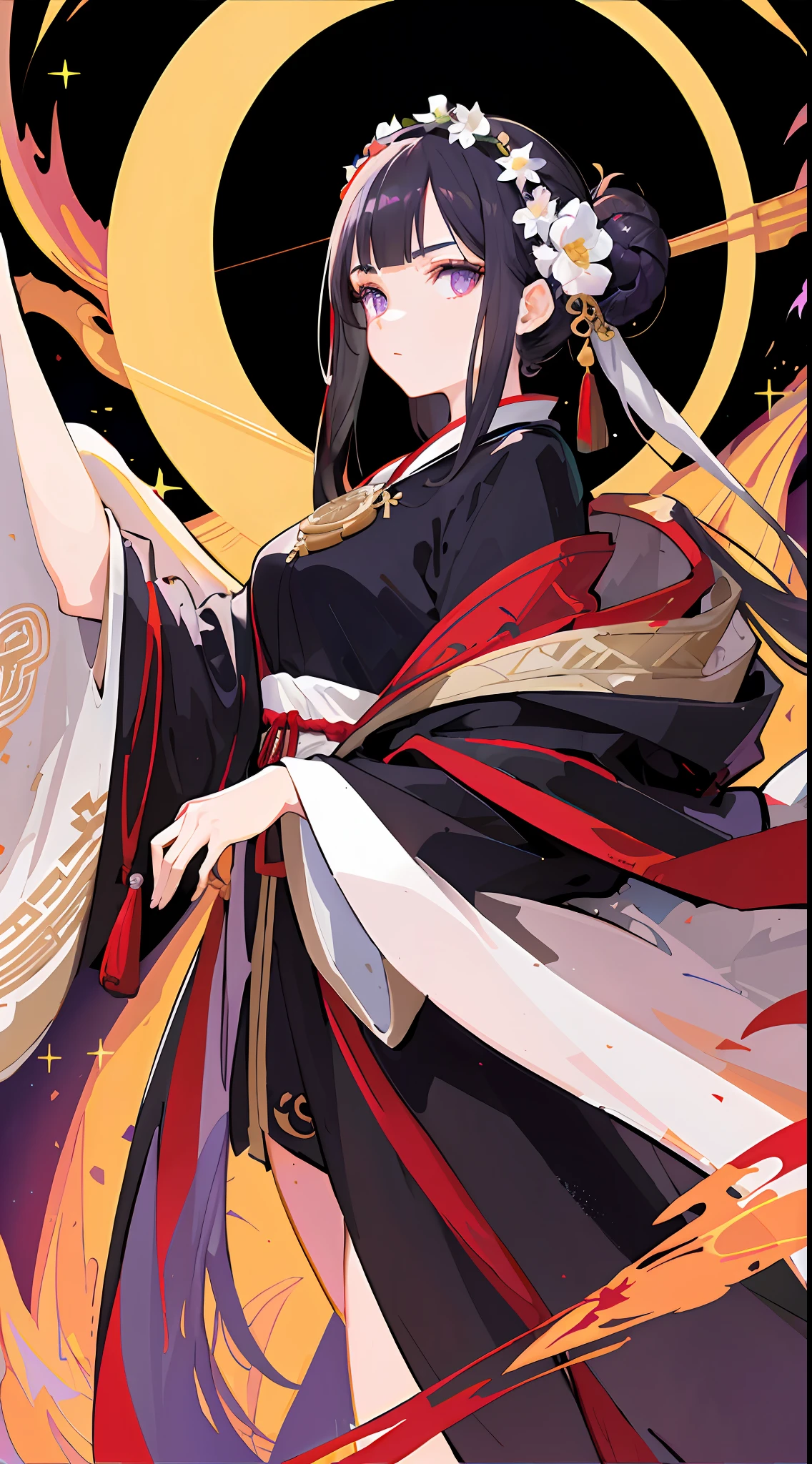 (ridiculous, high resolution, super detailed), solo, female, long black hair, low ponytail, dark purple eyes, hanfu, chinoiserie, flowing robe, ((forehead)), ((white robe), ((gorgeous Chinese robe: 1.2)), (open legs: 1.2), eyebrow mole, background is a tower of babel, mature female, fine eyes and detailed face, flower headdress, long sword, stars, ocean, moon, symbolism, visual arts, occult, visual projection, philosophy, iconology, numerology, pop, art,