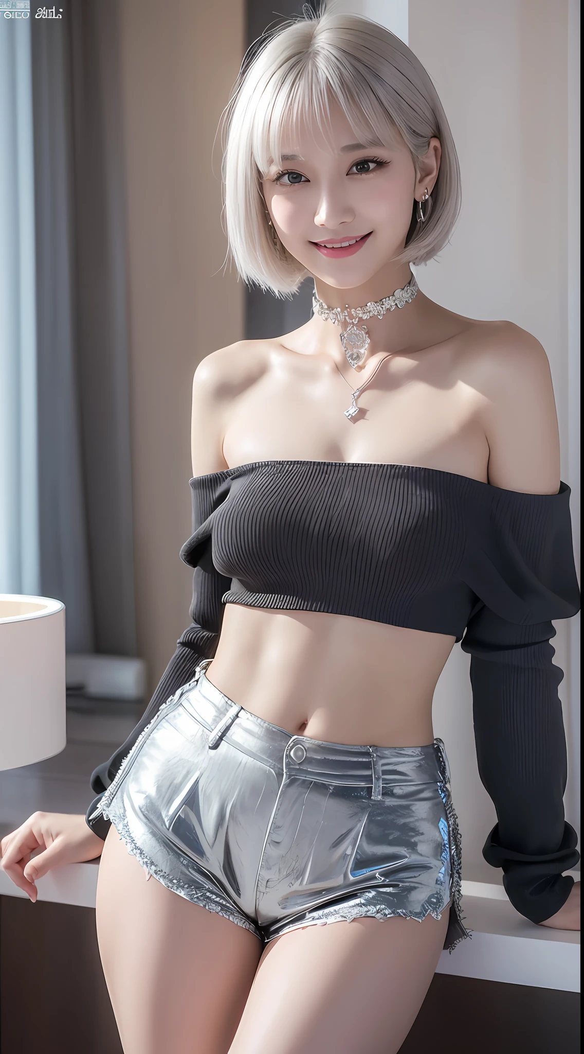 ((Daytime, Real Light, Best Quality, 8k, Best Masterpiece: 1.3)), Short Sture: 1 Girl, Beautiful Girl: 1.4, Abs 3.0, Butt 3.0, (Silver Hair Short Hair, Small Breasts 4.0), Shorts: 1.2, Off Shoulder, White Studio, Ultra Detailed Face, Ultra Detailed Eyes, Double Eyelids, Eyeliner, Bangs Free, Navel, Piercing, Smile, Black Choker