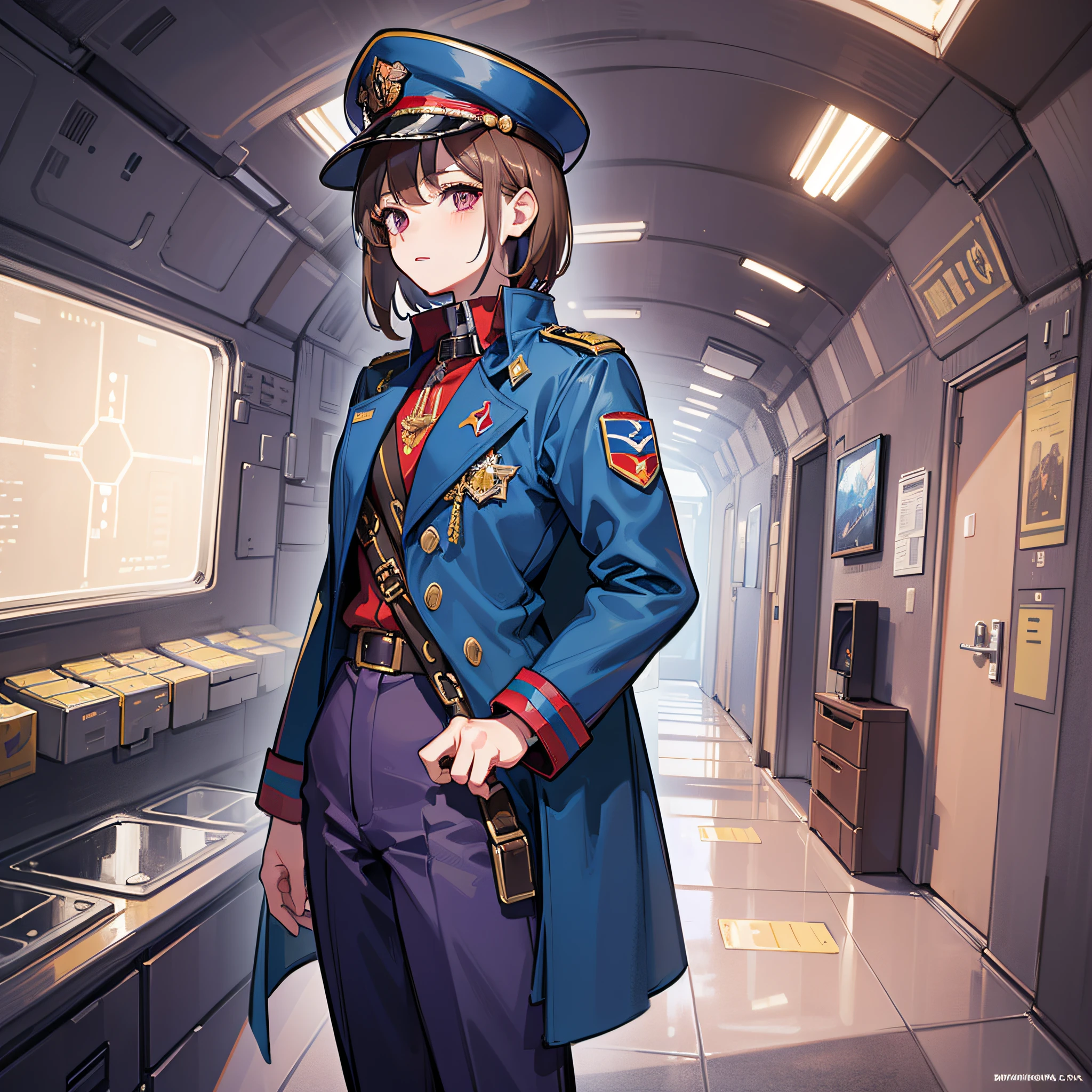 ((Masterpiece)), ((Best Quality)), ((Best Quality)), (Illustration of One Girl), Full Body, 25 Years Old, Neutral, Elite, Brown Hair, (((Short Hair)), Purple Eyes, (Tall)), (Muscular Strong Body)), ((Military Uniform)), (Military Hat)), ((Military Coat)), (Dark Blue Clothes), (Dark Blue Trousers), (((Red Hat)), Trench Coat, (Inside the Spaceship)), (Outside the Window, Space, Earth seen from space, spaceport)