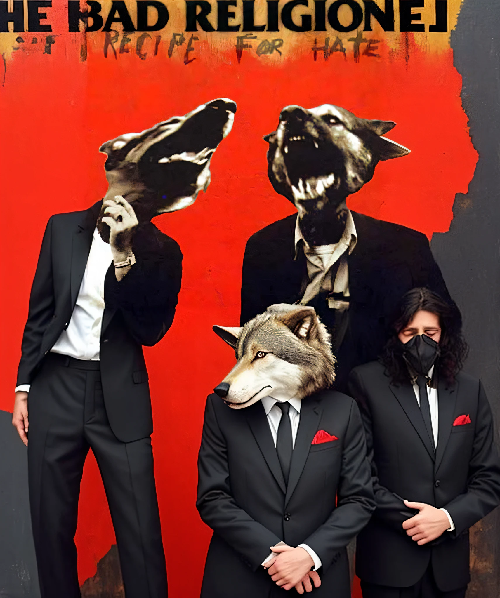 two people with wolf heads, standing, strong contrast, wearing suits, black suit, white shirt, extremely detailed, best quality, ((masterpiece)), album cover, extremely realistic, 2 people, red background, blazer, suit pants, black dress shoes, very strong contrast