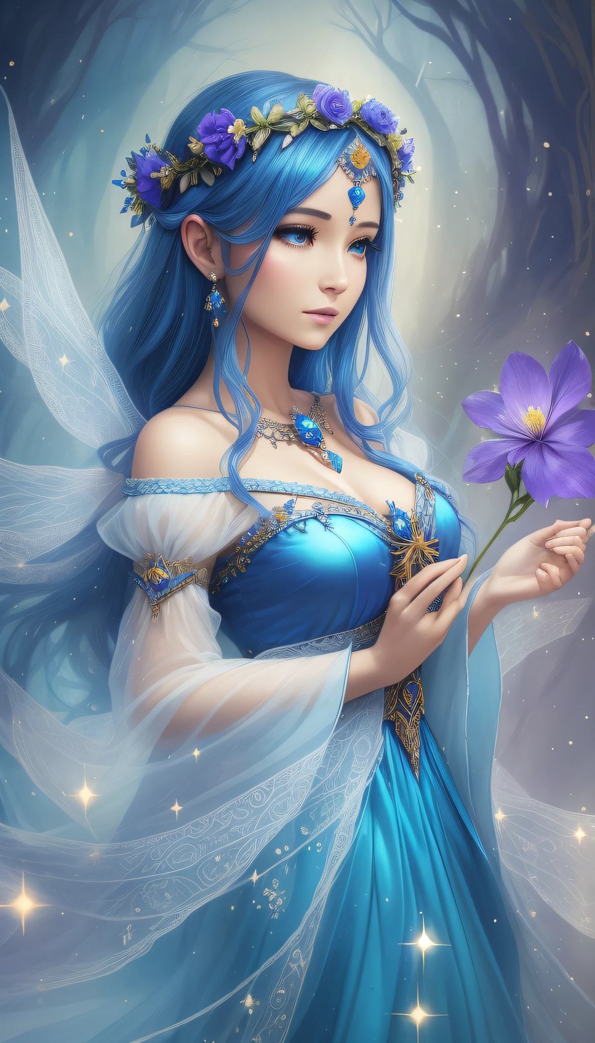arafed woman in a blue dress with a flower crown, ethereal fantasy, ethereal beauty, ((a beautiful fantasy empress)), a beautiful fantasy empress, fantasy art style, fantasy beautiful, beautiful fantasy art, beautiful fantasy maiden, beautiful goddess, fantasy woman, digital fantasy art ), fantasy photoshoot, beautiful celestial mage, astral fairy, celestial goddess, beautiful sorceress