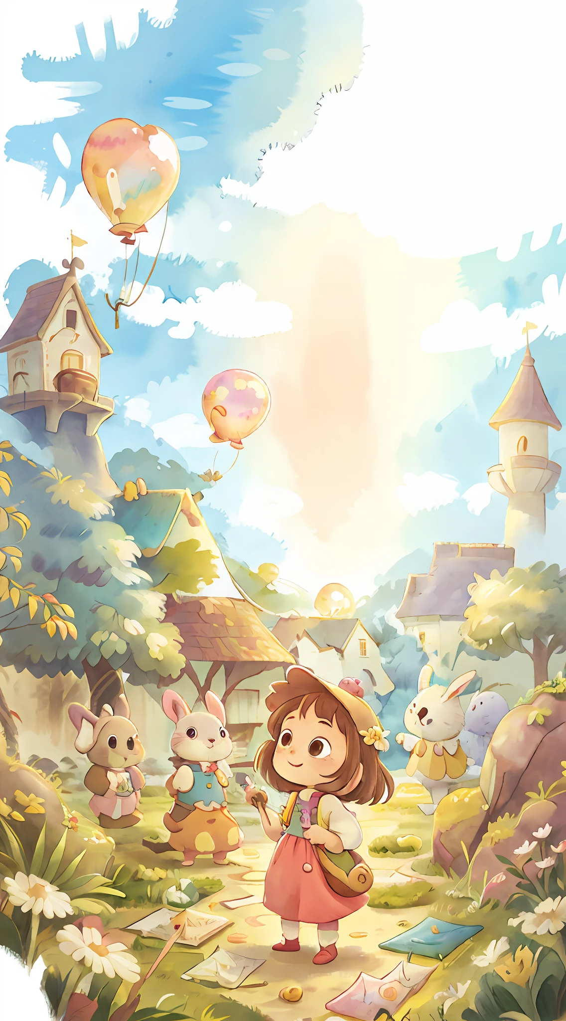 Fresh colors Watercolor children's painting *********** Happy Balloon Castle Cloud Cute rabbit