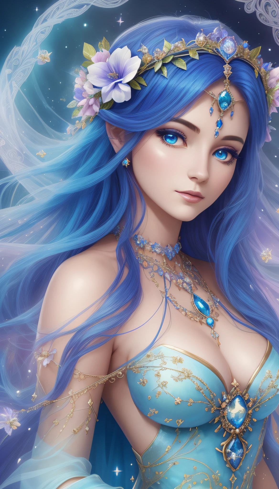 arafed woman in a blue dress with a flower crown, ethereal fantasy, ethereal beauty, ((a beautiful fantasy empress)), a beautiful fantasy empress, fantasy art style, fantasy beautiful, beautiful fantasy art, beautiful fantasy maiden, beautiful goddess, fantasy woman, digital fantasy art ), fantasy photoshoot, beautiful celestial mage, astral fairy, celestial goddess, beautiful sorceress