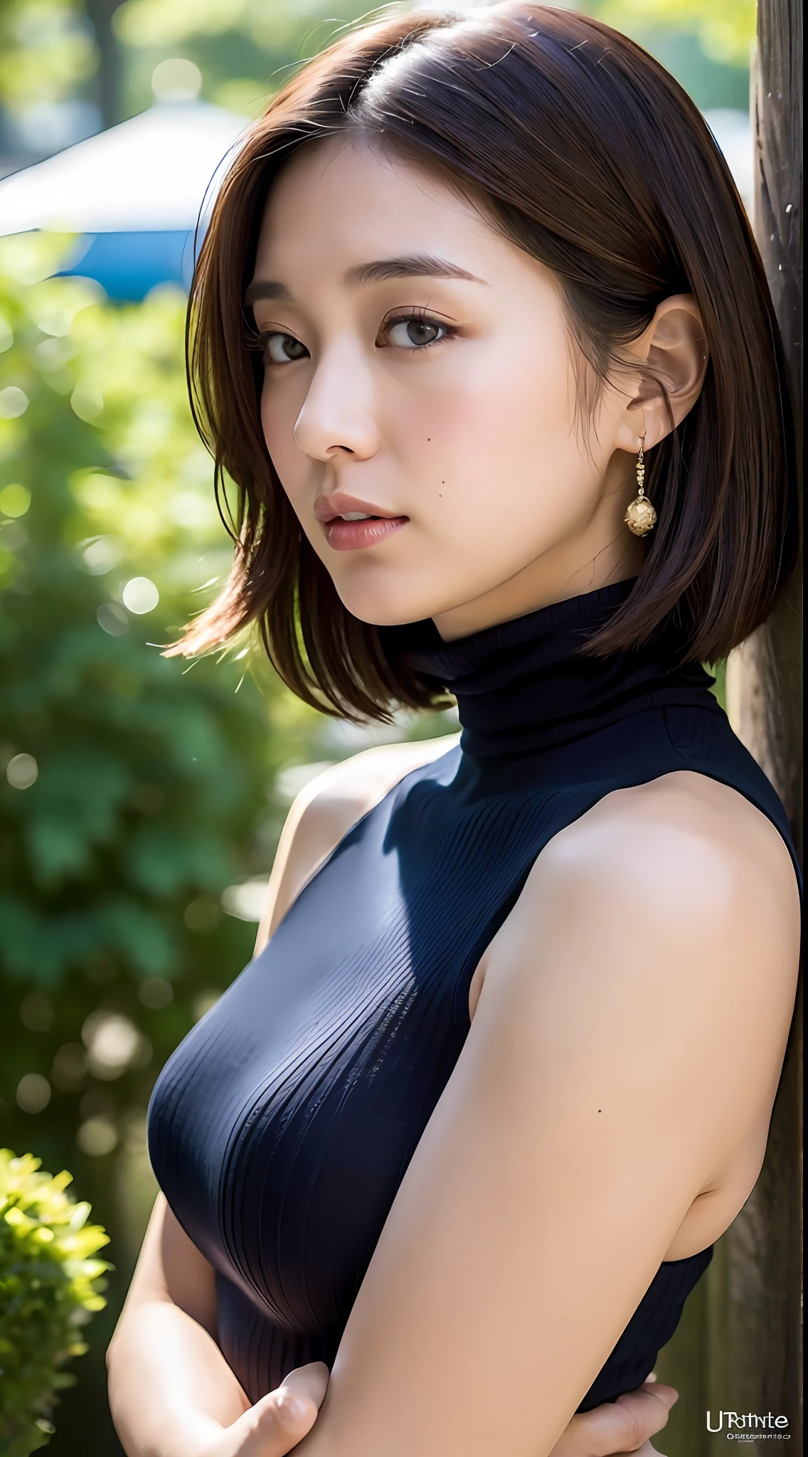 (Best Quality, 8k, 32k, Masterpiece, UHD: 1.2), Cute Japan Woman Picture, 1 Girl, Profile, (Big), (Tall Woman), (Abs, Slim Figure: 1.2), (Lips), (Medium Short Dark Brown Hair), Dark Blue Ribbed Turtleneck, Sleeveless, Big Buttocks Protruding, Sideways, Chest Stretched, Arms Thrown Back, Side Angle