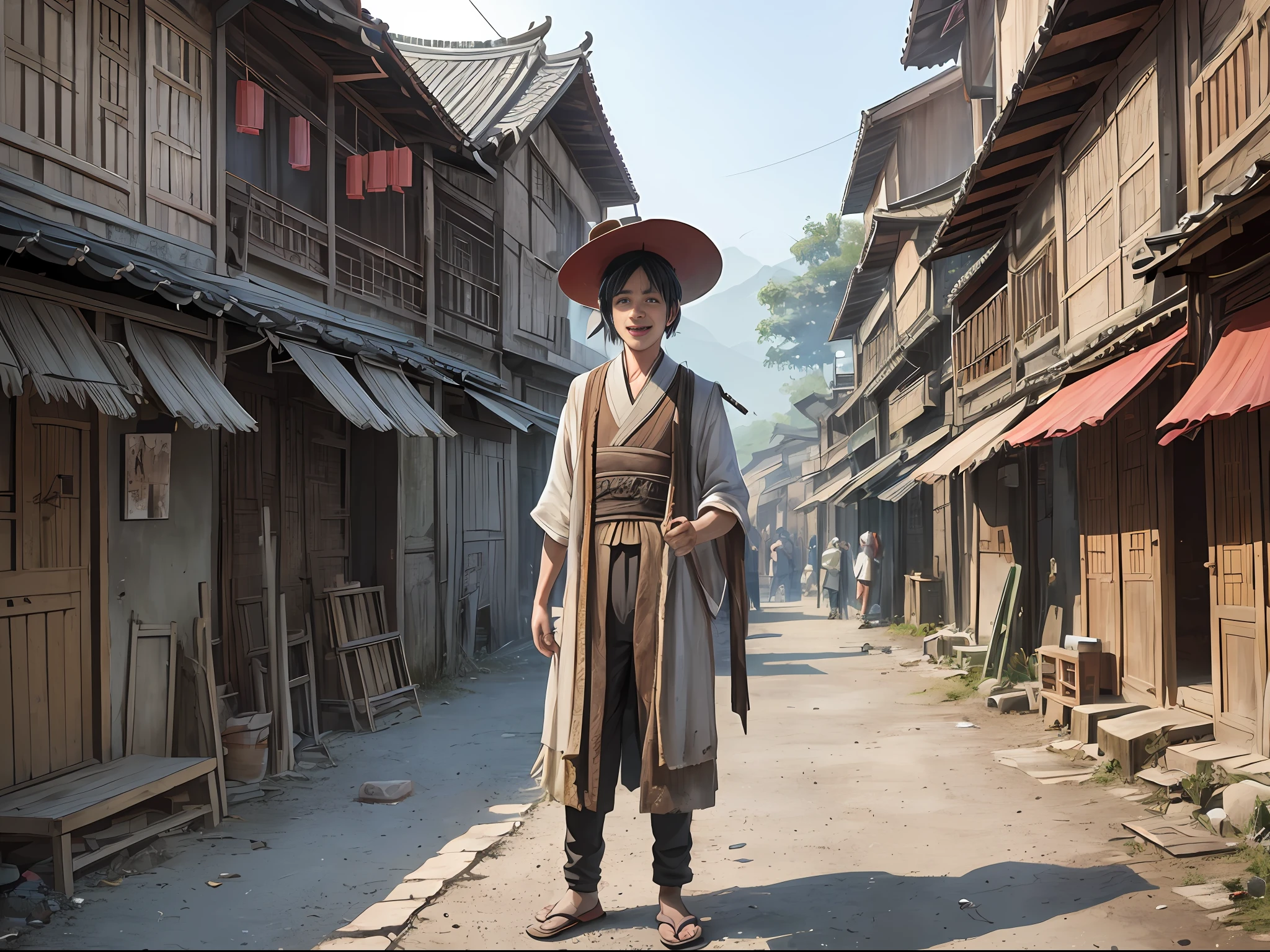 1 man, silly, crazy, village entrance, thin, shabby clothes, dirty, laughing, dusk ((ultra-realistic details)), Chinese Republic of China style, panorama, full body, global illumination, clear facial features, short black hair, shabby clothes, sloppy, 8k