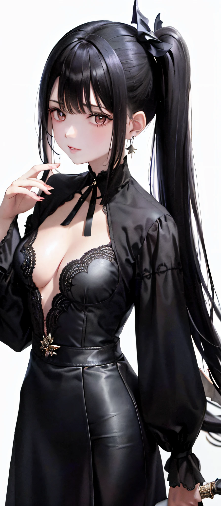 [Monochrome: Pastel color: 0.6] theme, (masterpiece), (best quality), (detail), light layer, shiny skin, (intricate details, taut clothes, devil's wings, hair accessories: 1.2), from above, black hair, black choker, long hair, hime cut, blunt bangs, side hair, red eyes, stick in hand, sickle in hand, sword in hand, (mature women: 1.1), (lactation), side ponytail BREAK (simple background: 1.1),